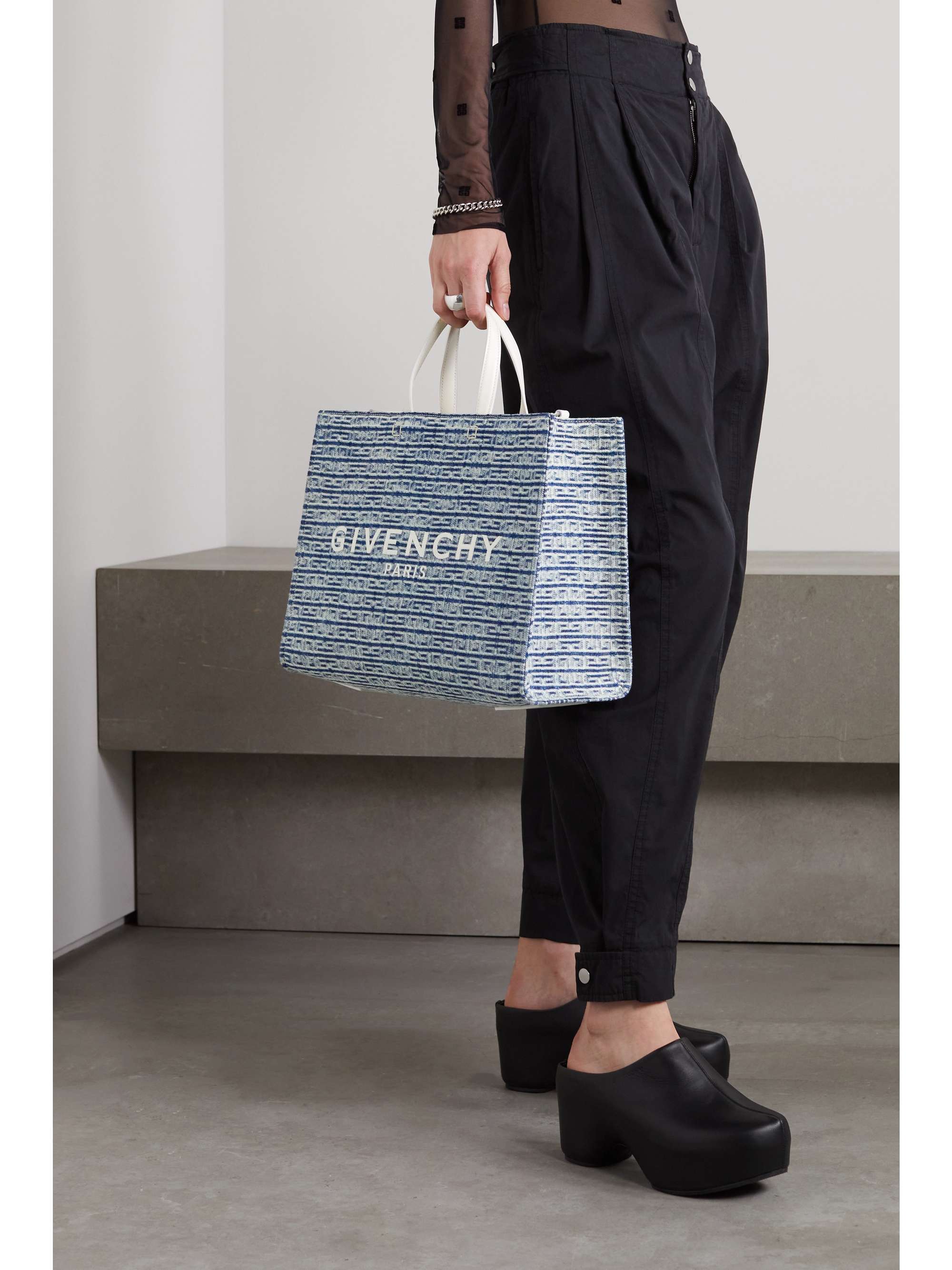 GIVENCHY G medium leather-trimmed embroidered denim tote