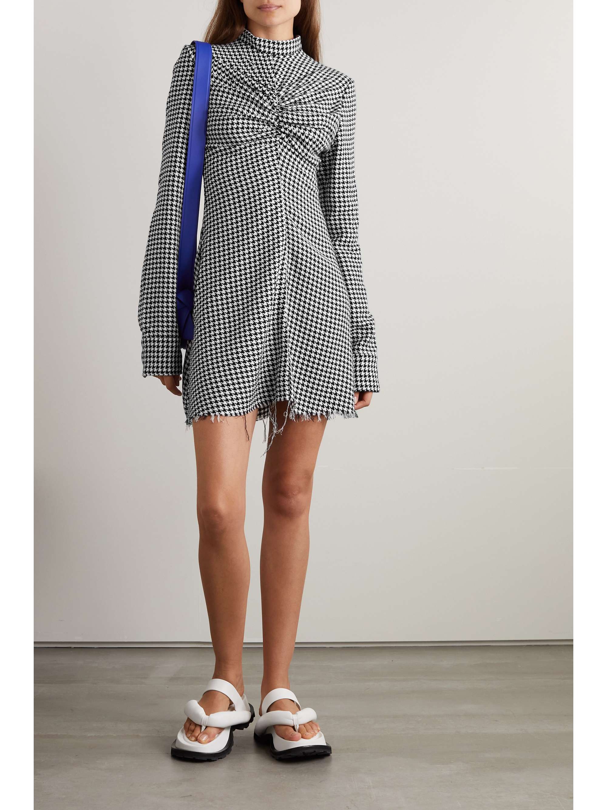 MARQUES' ALMEIDA Ruched houndstooth cotton turtleneck mini dress