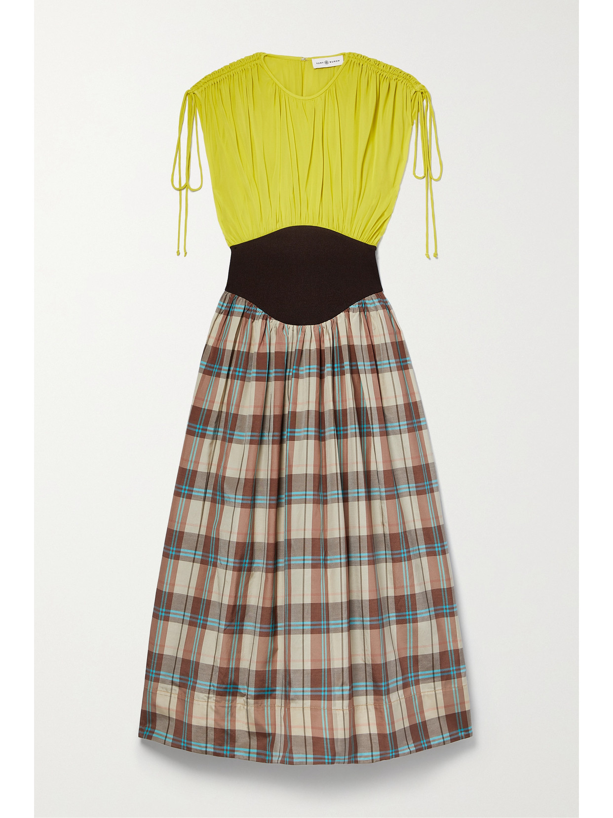 Tory Burch - Paneled Silk Crepe De Chine, Woven And Checked Sateen Maxi Dress - Yellow 22 Awaiting product image