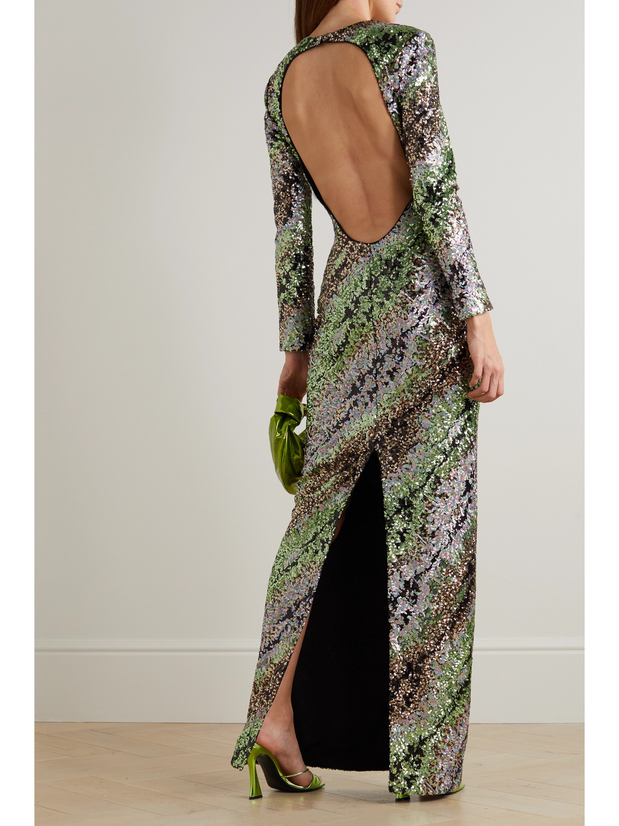 Halpern Sequined Open-back Column Gown In Green