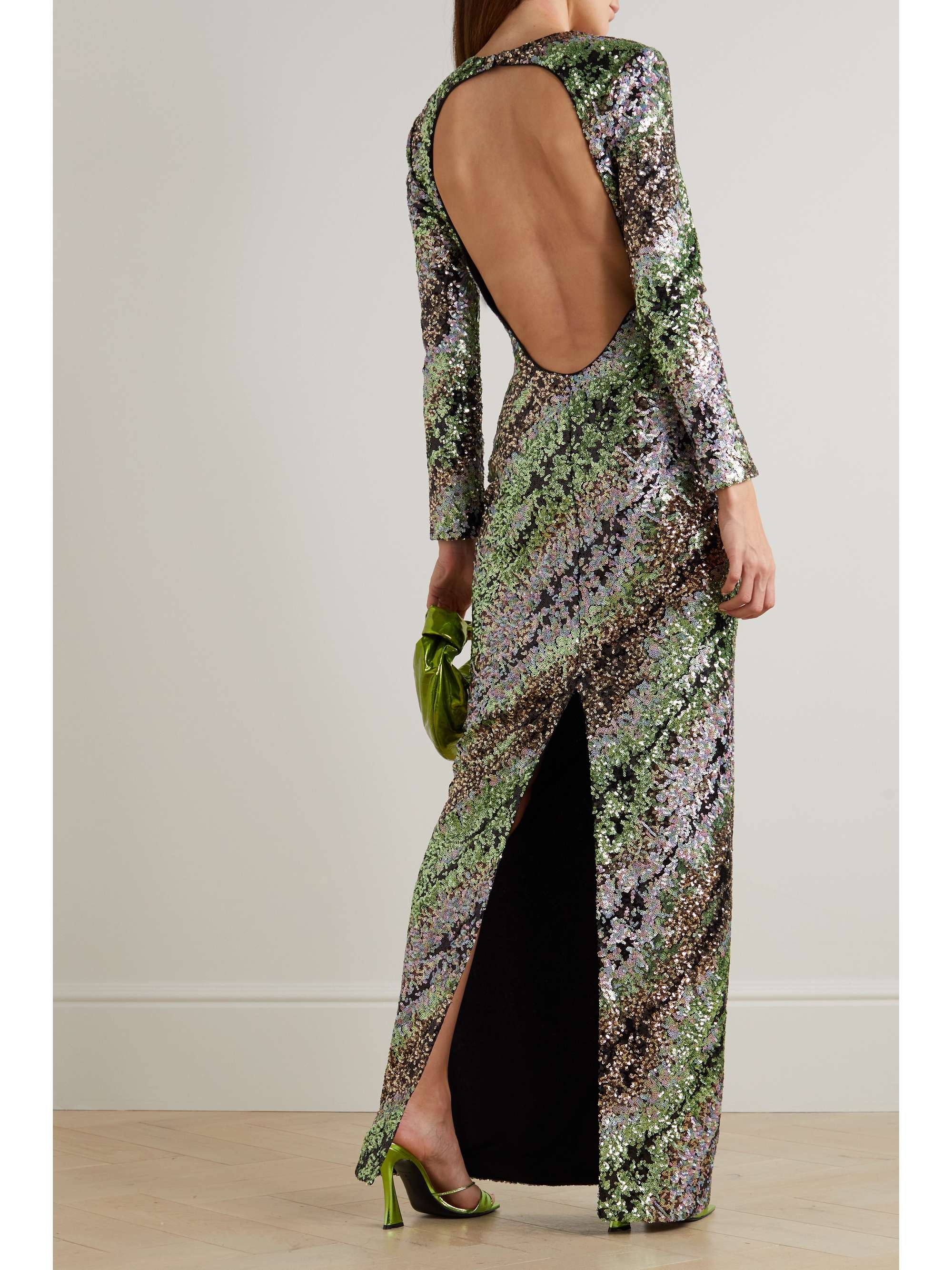 HALPERN Open-back striped sequined tulle maxi dress