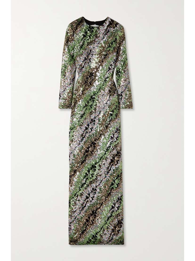Halpern Open-back Striped Sequined Tulle Maxi Dress