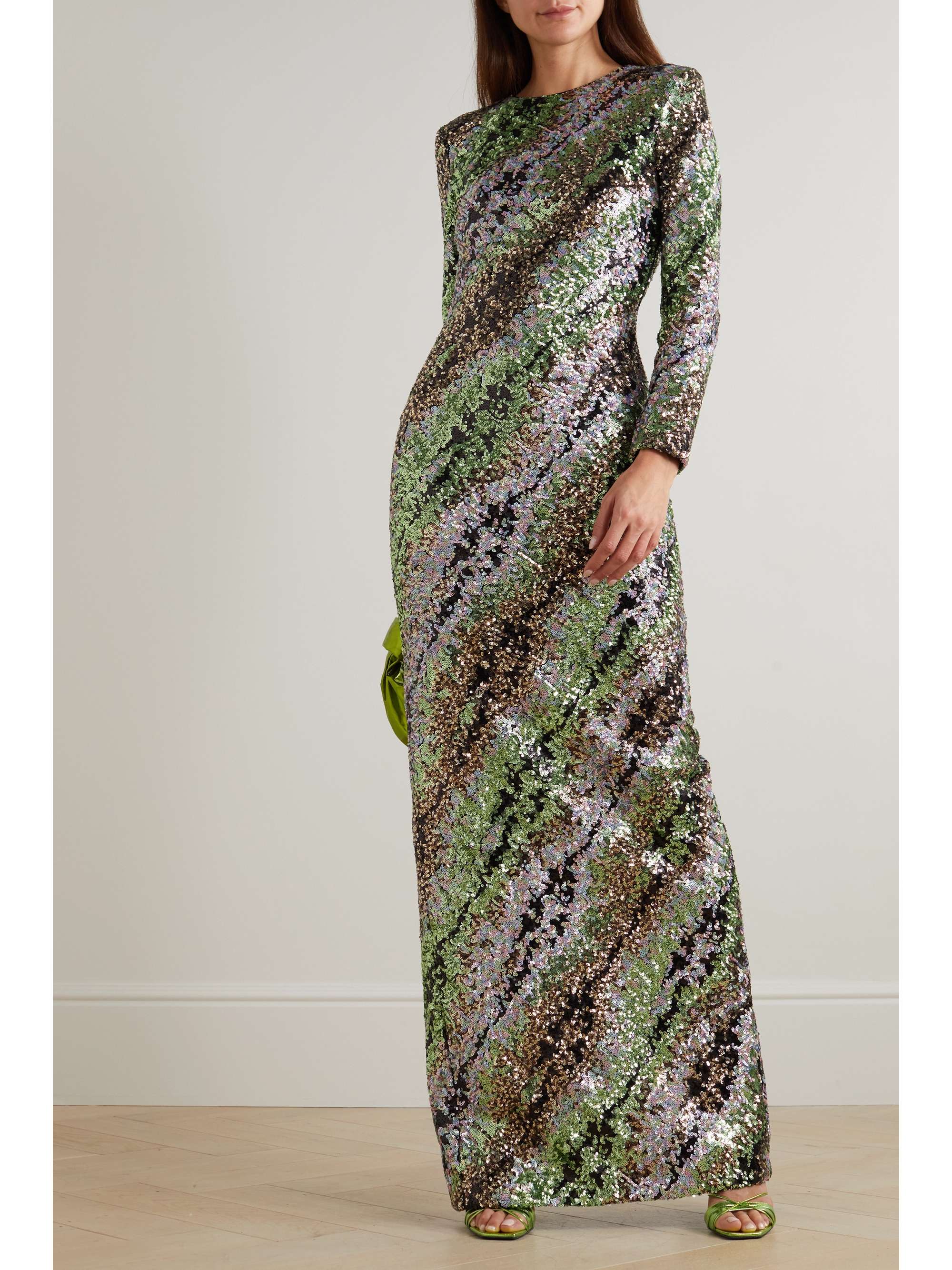 HALPERN Open-back striped sequined tulle maxi dress