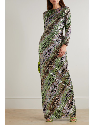 HALPERN Open-back striped sequined tulle maxi dress