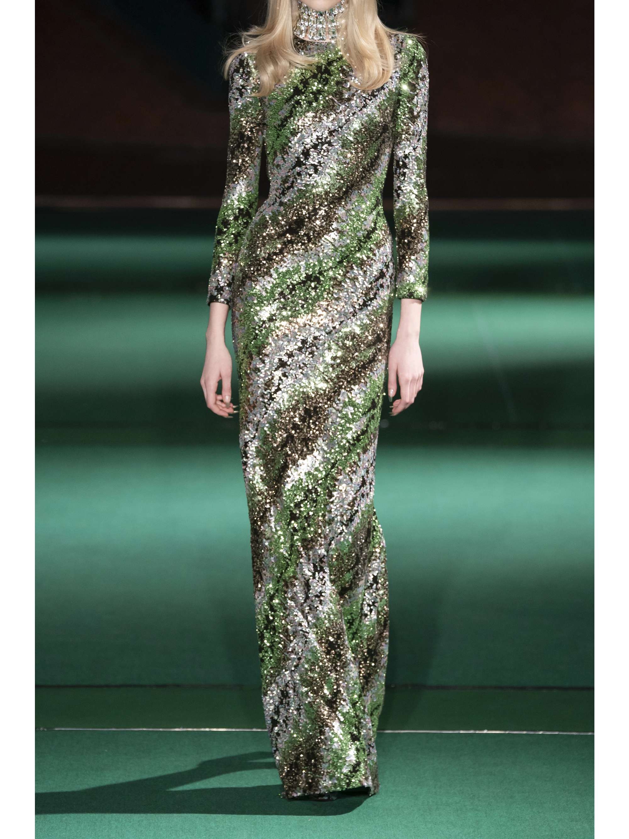 HALPERN Open-back striped sequined tulle maxi dress