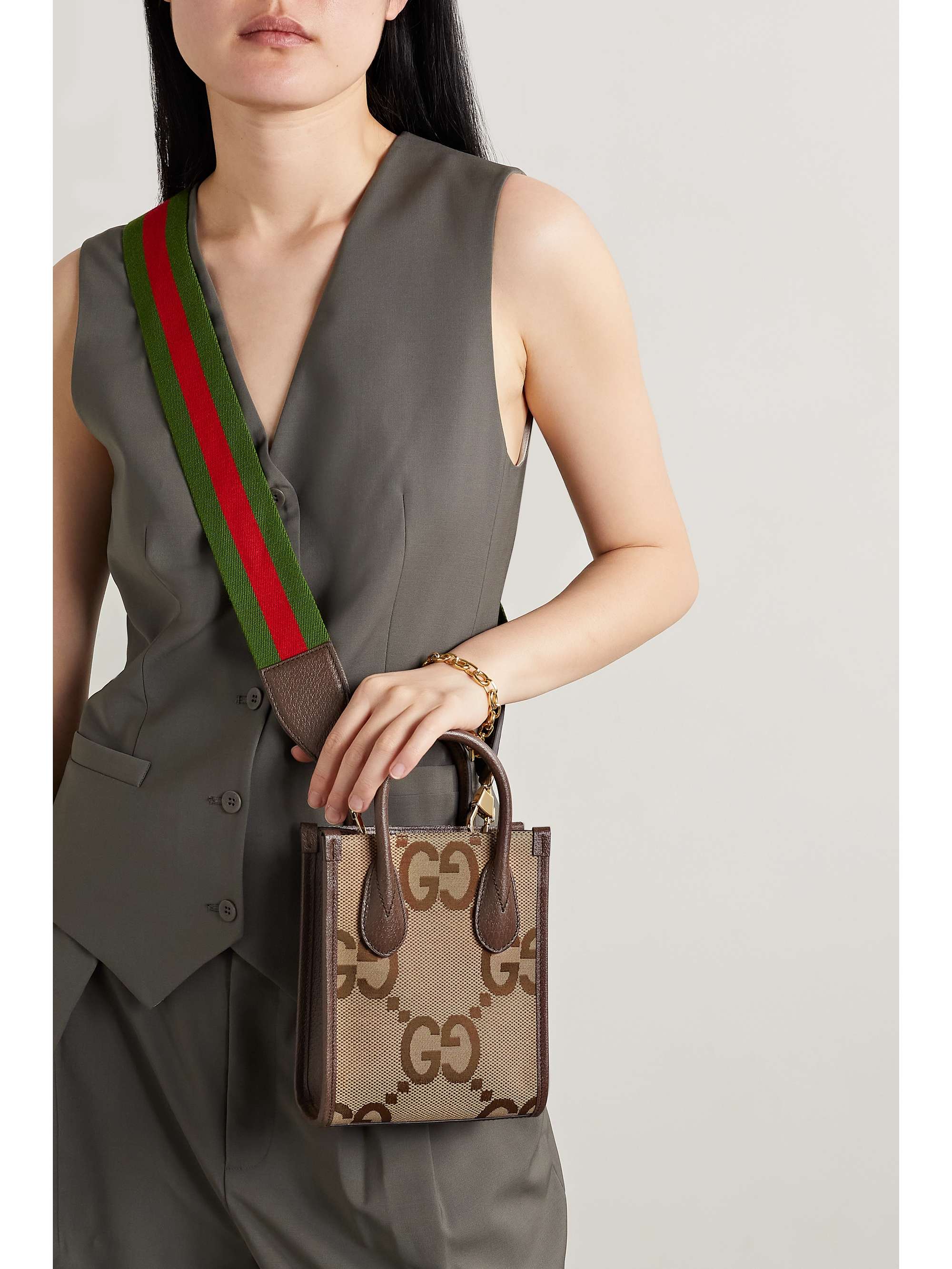 GUCCI Jumbo GG mini leather-trimmed canvas-jacquard tote | NET-A-PORTER