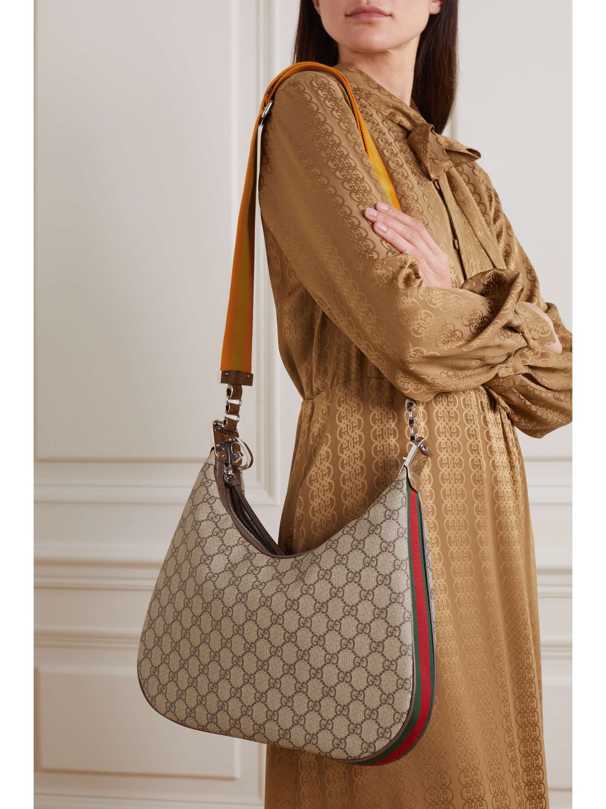 GUCCI Attache Webbing-trimmed Leather Shoulder Bag, 57% OFF