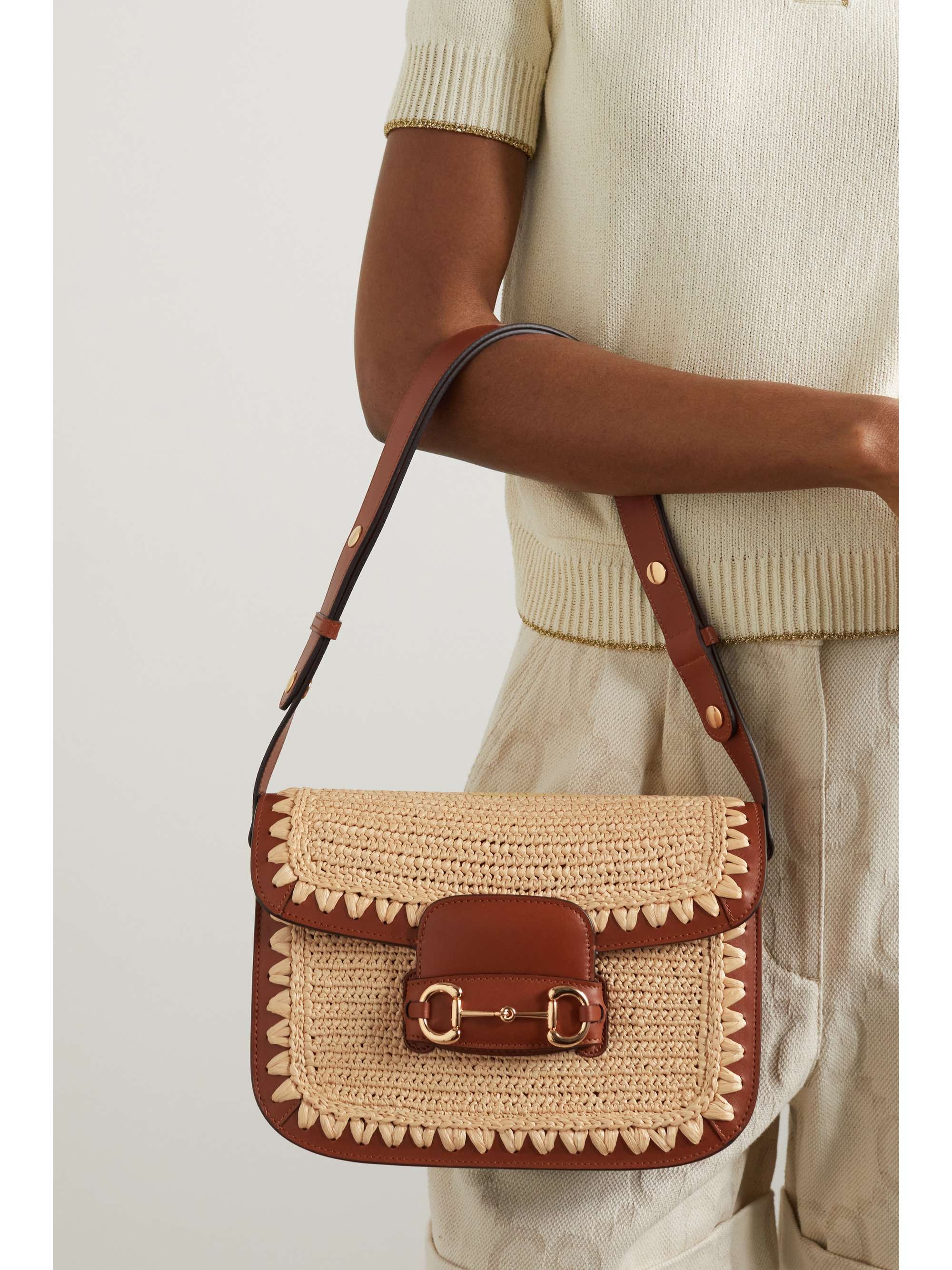 GUCCI Horsebit 1955 crocheted raffia and leather shoulder bag NETA