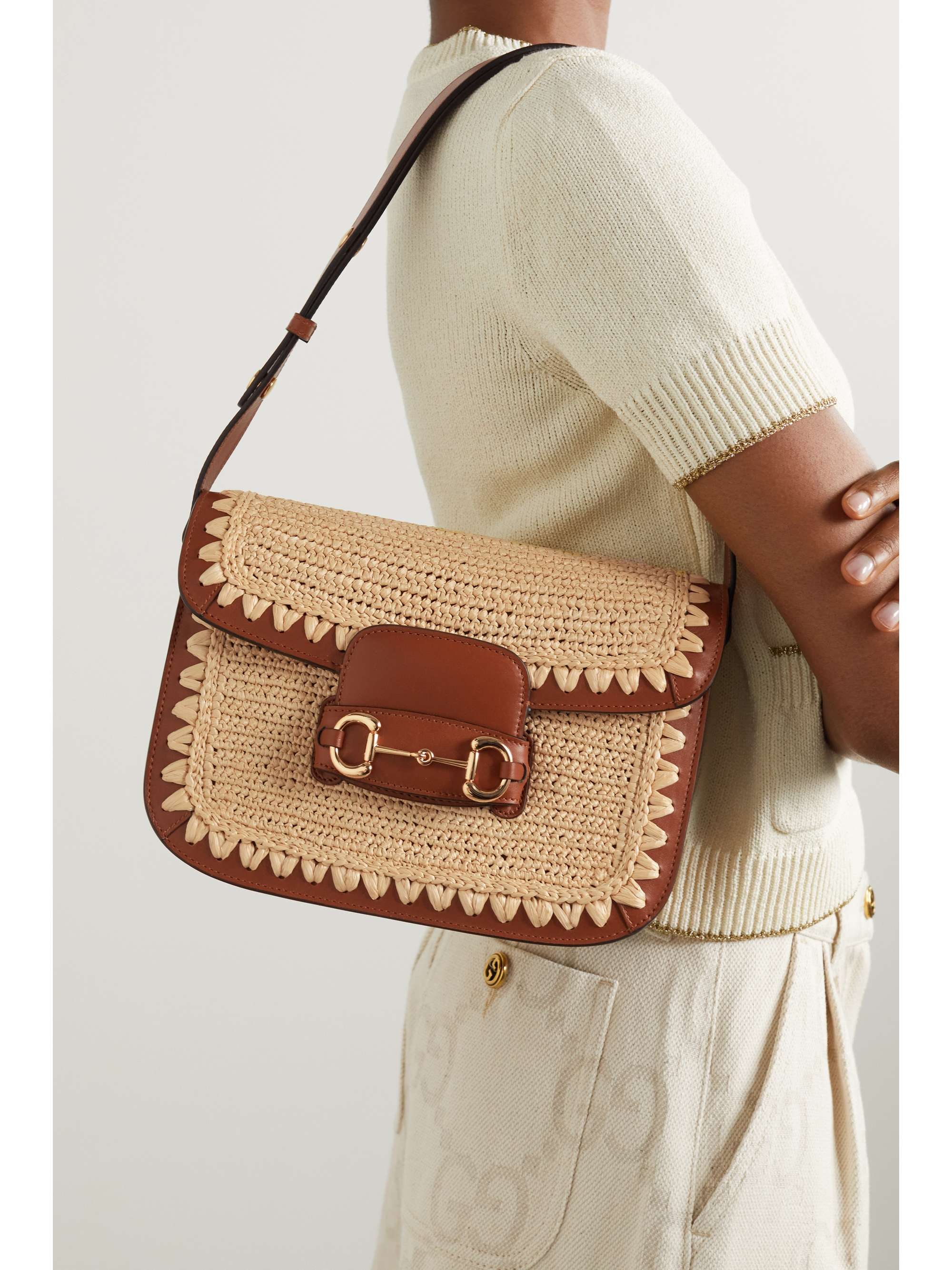 GUCCI Horsebit 1955 crocheted raffia and leather shoulder bag NETA