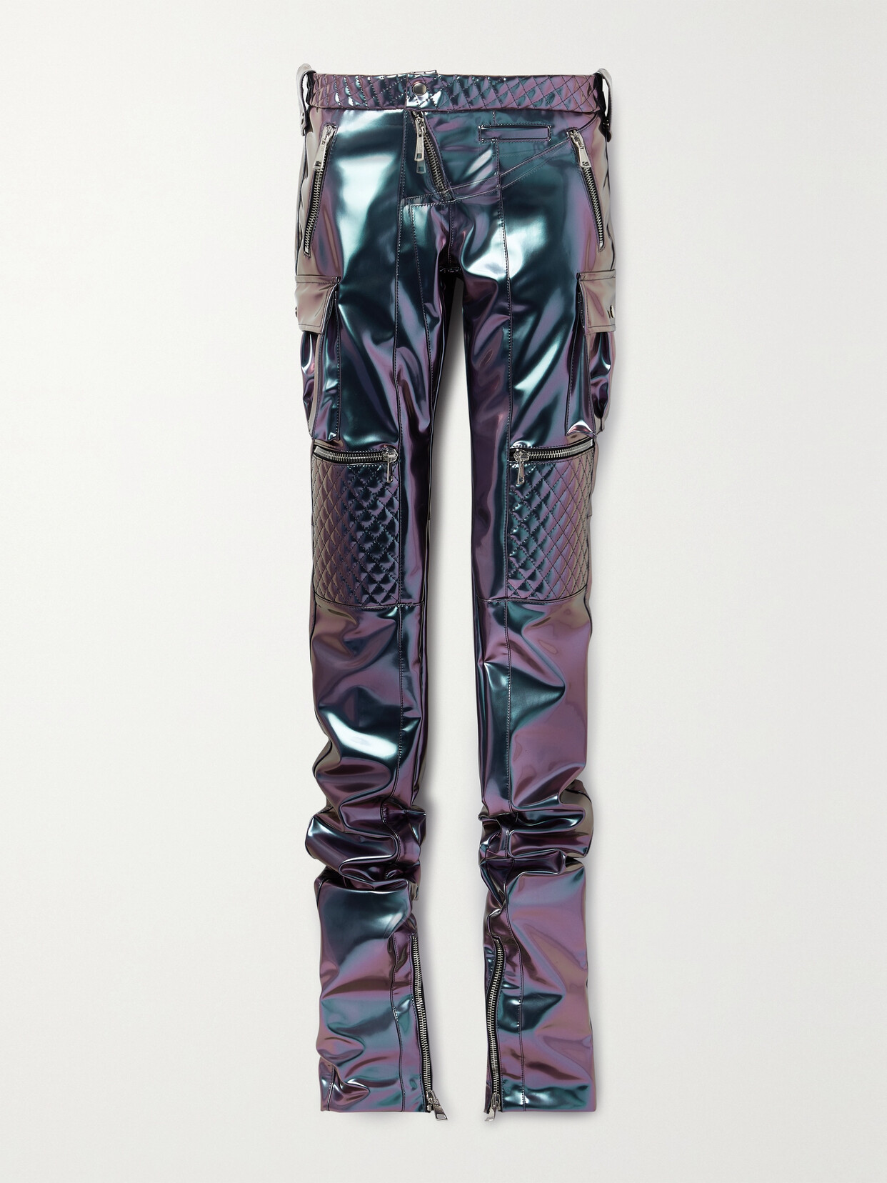 Iridescent Violet Quilted Detail Moto Faux Leather Pants In Metallic
