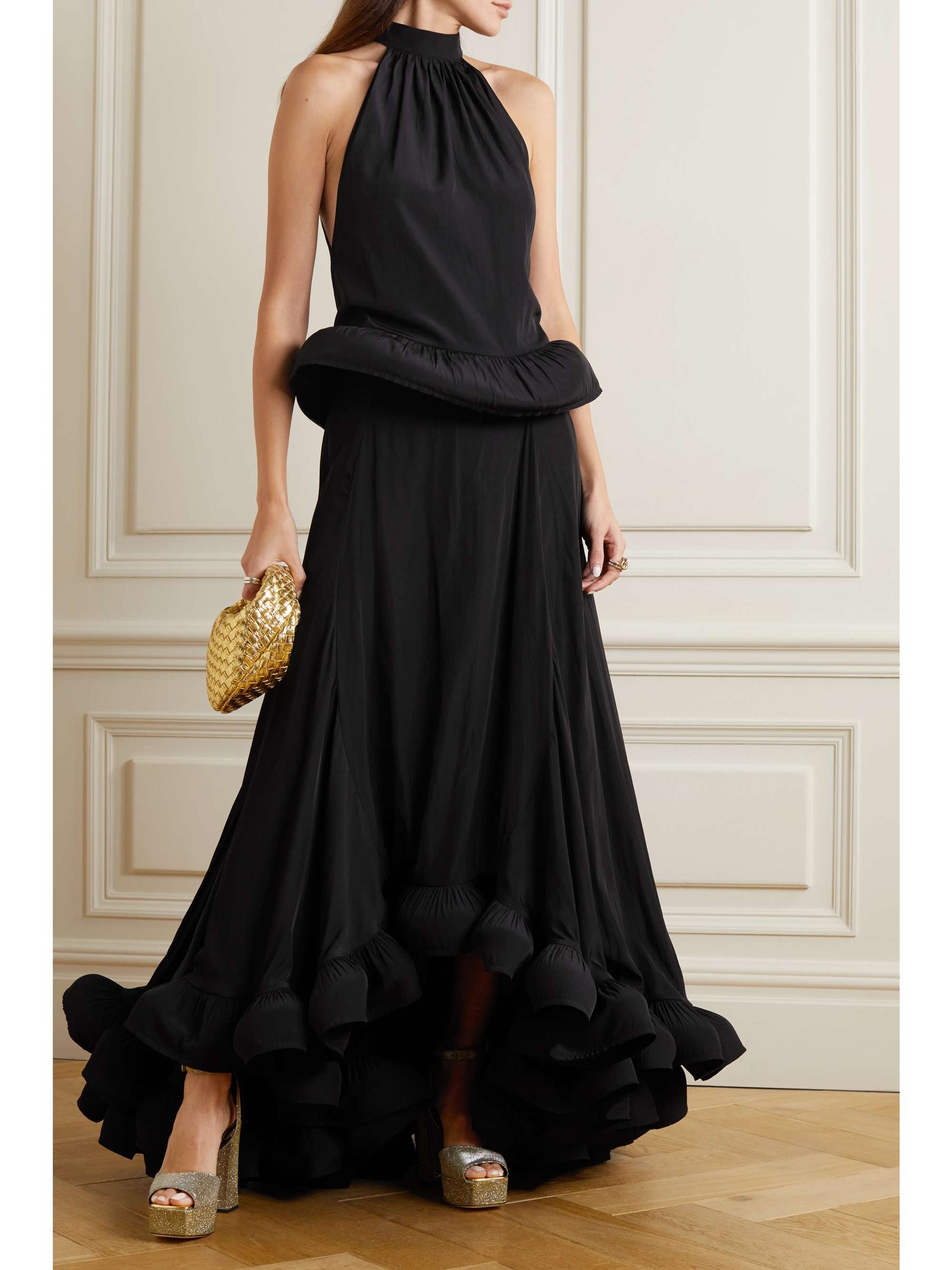 LANVIN 缎布荷叶腰摆挂脖上衣