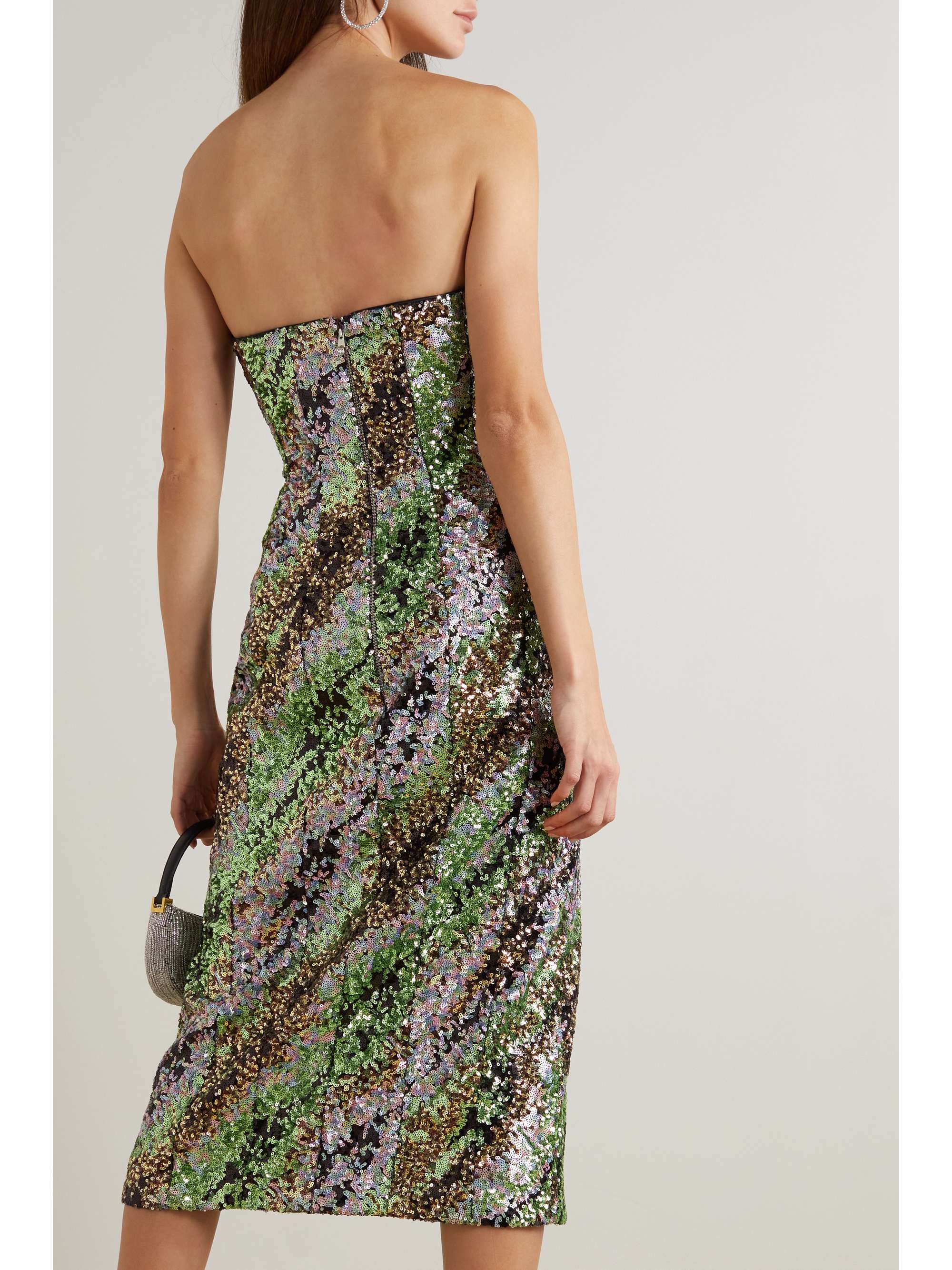 HALPERN Strapless striped sequined tulle midi dress