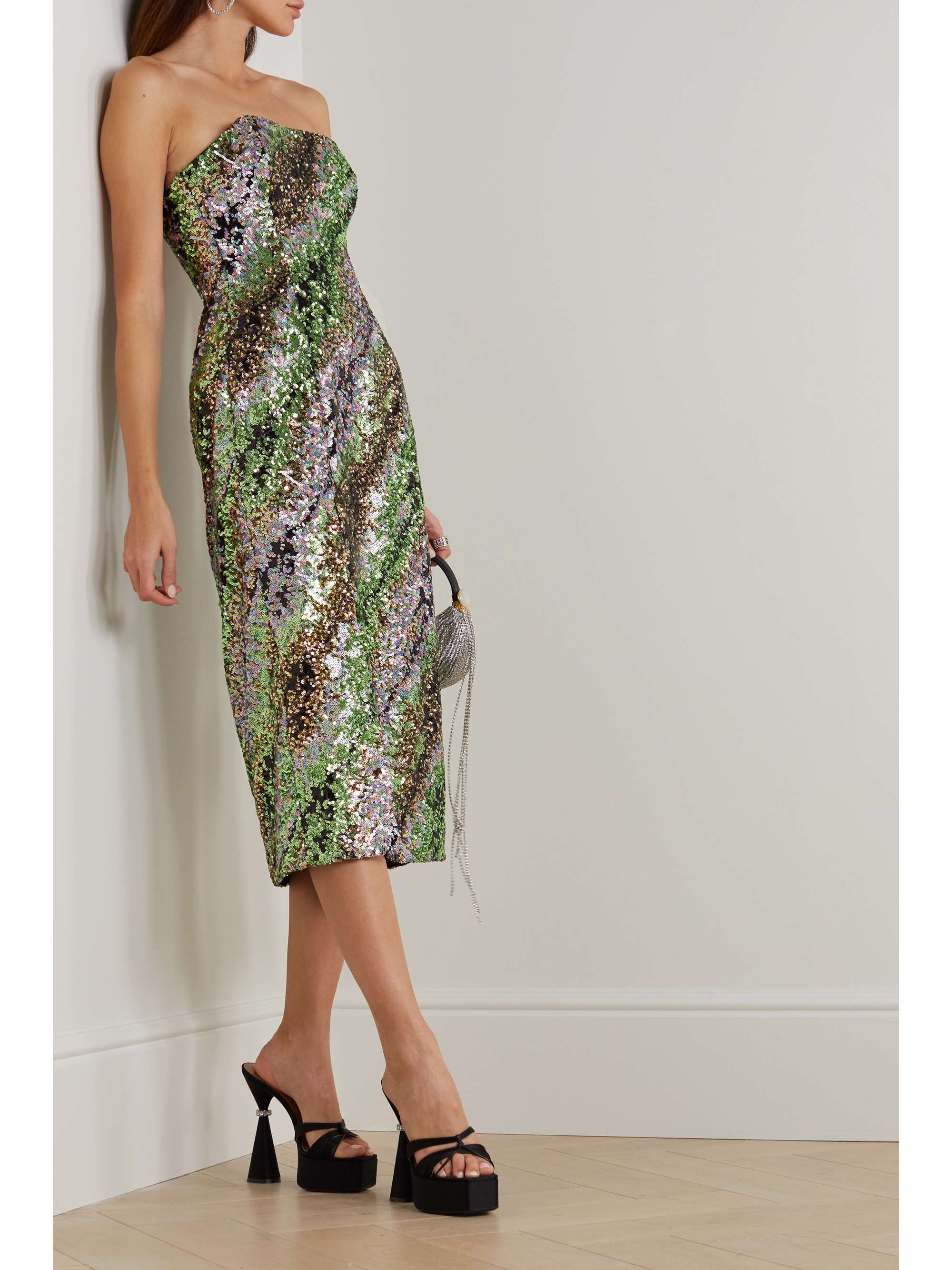 HALPERN Strapless striped sequined tulle midi dress