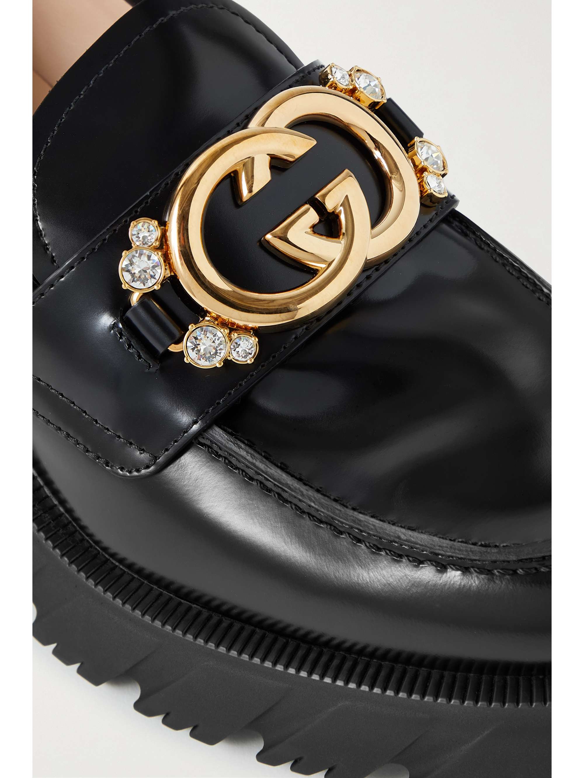GUCCI Romance embellished glossed-leather loafers