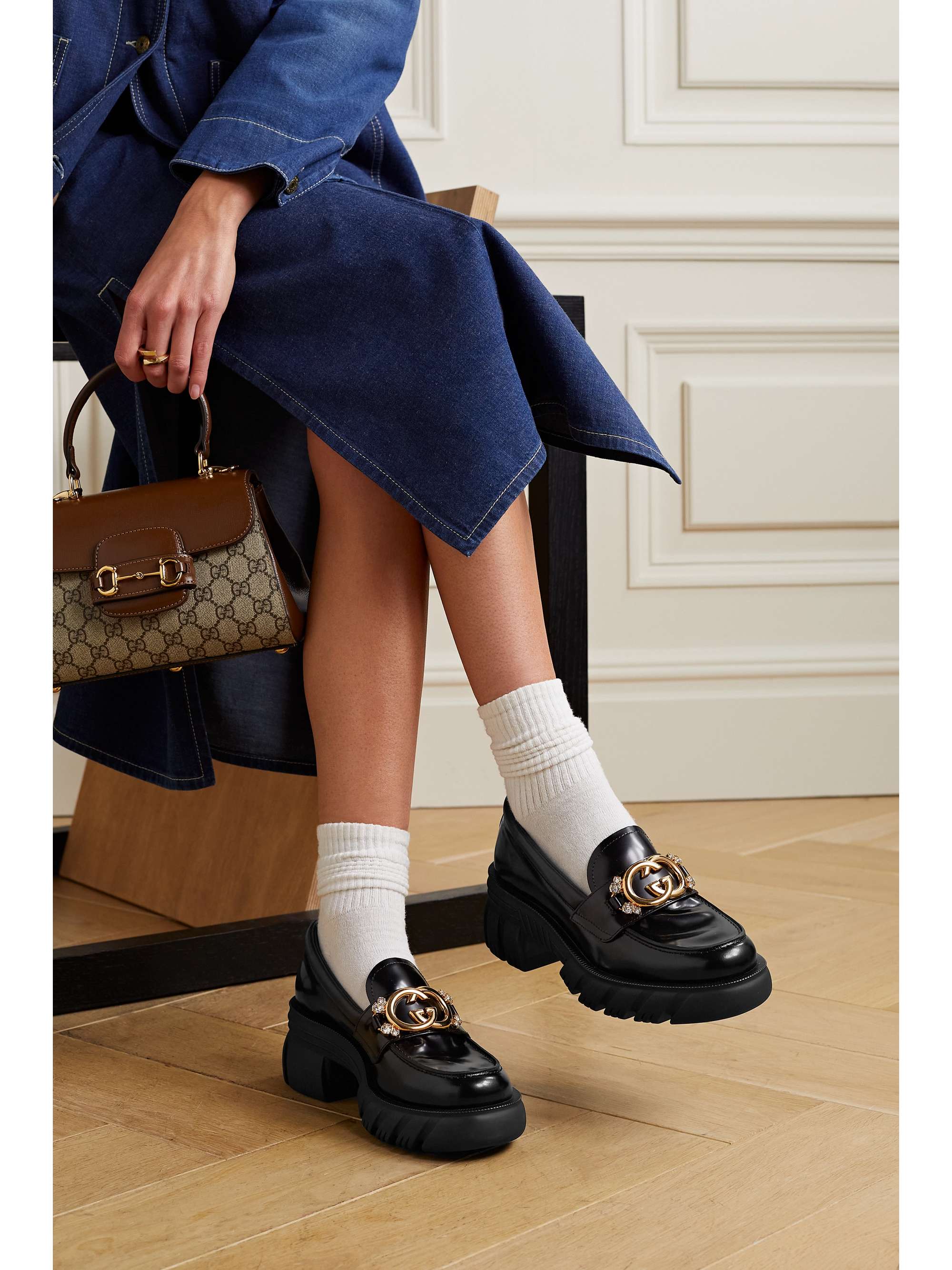 GUCCI Romance embellished glossed-leather loafers