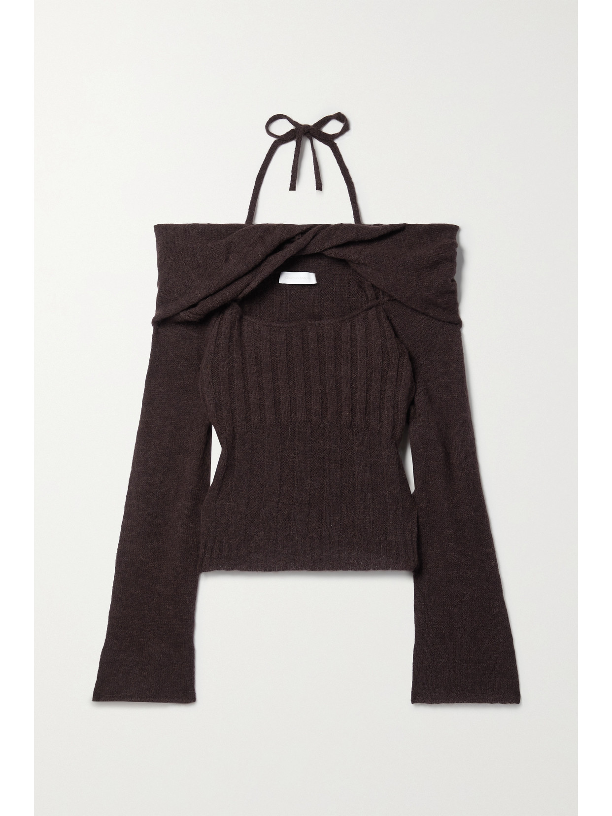 Jonathan Simkhai Cambria Sheer Alpaca Ls Off Shoulder W Halter Ties In Brown