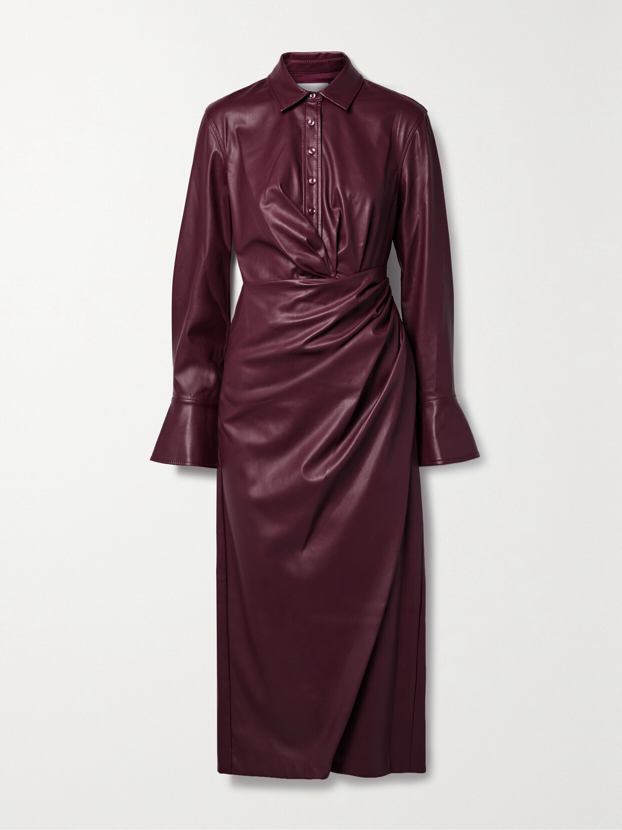 Simkhai Mara Draped Cutout Vegan Leather Midi Shirt Dress In Burgundy