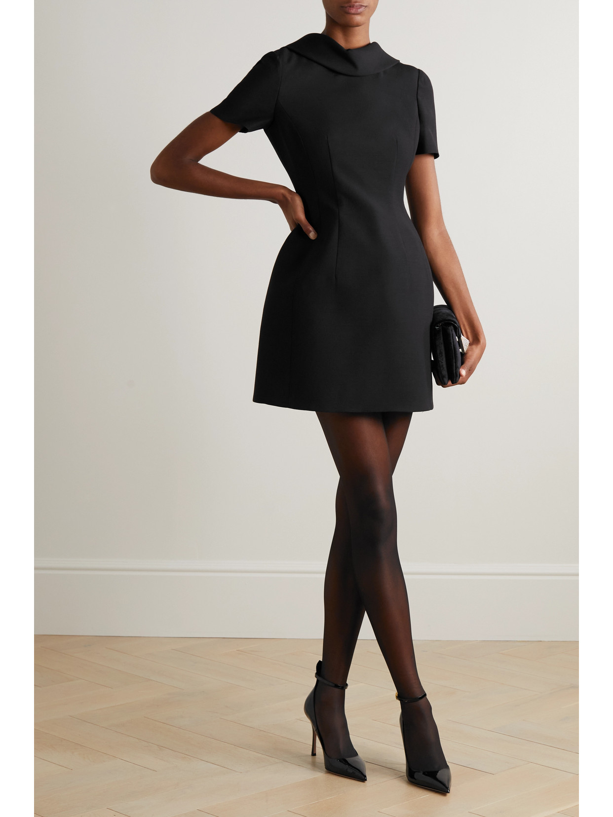 Shop Valentino Bow-detailed Wool And Silk-blend Crepe Mini Dress In Black