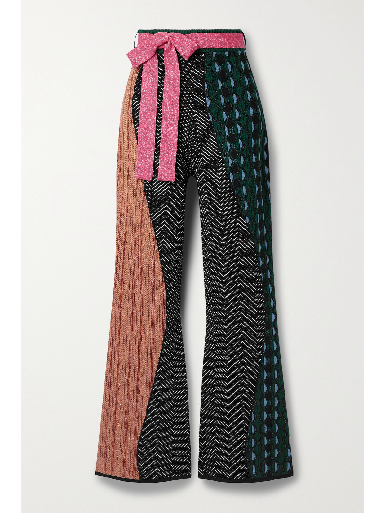 AHLUWALIA BELTED PATCHWORK MERINO WOOL WIDE-LEG PANTS