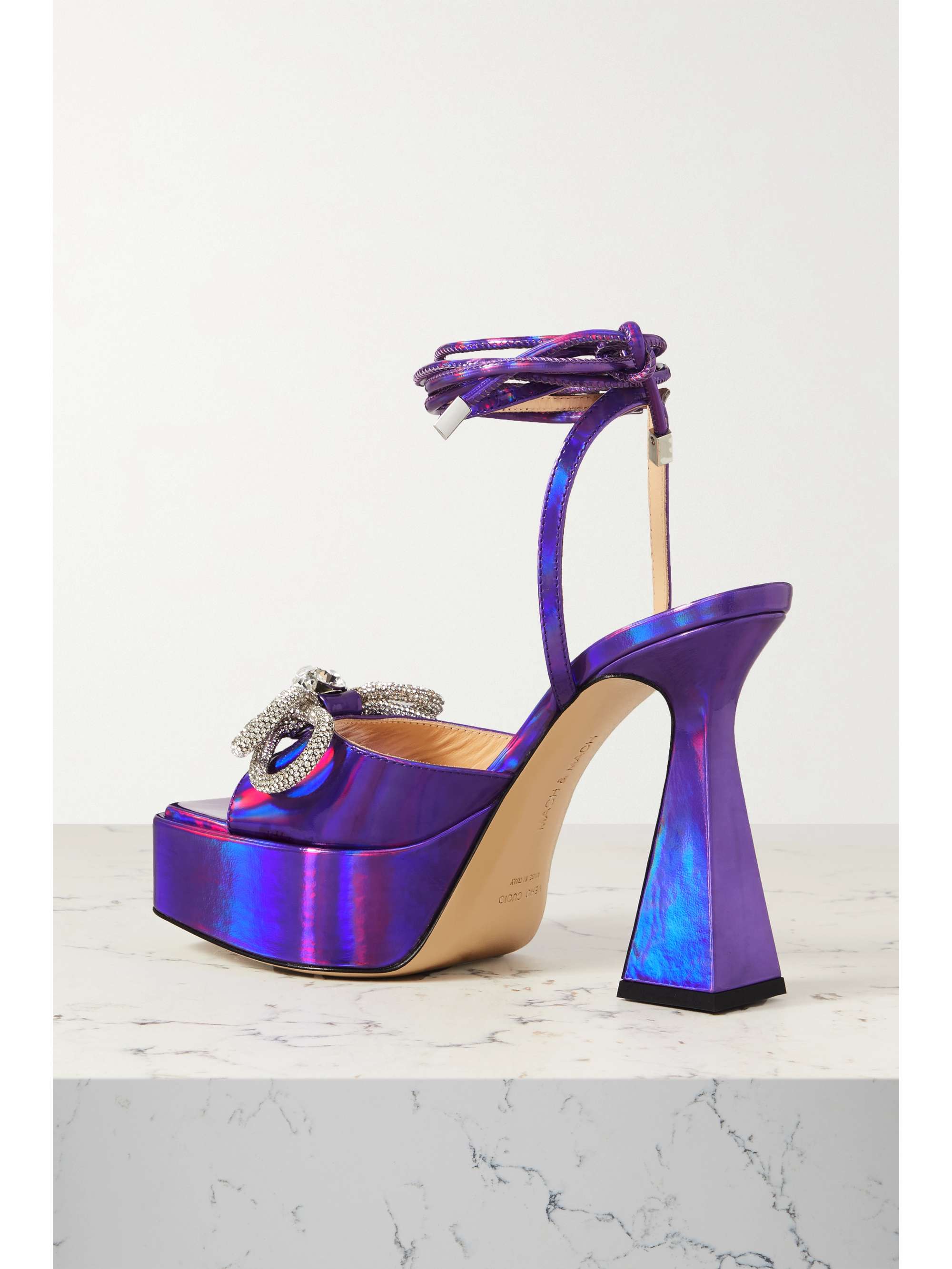MACH & MACH Double Bow crystal-embellished iridescent leather platform pumps