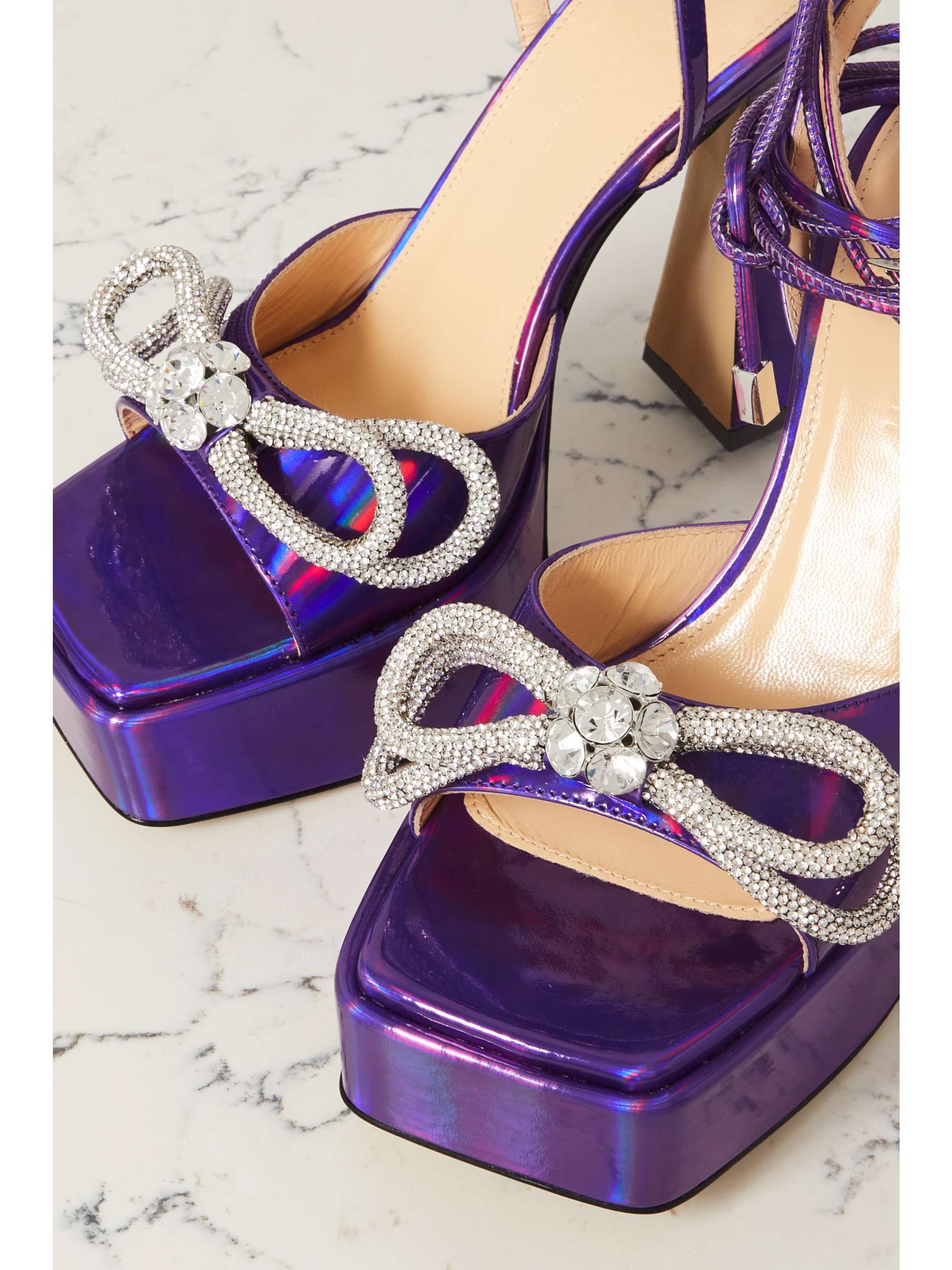 MACH & MACH Double Bow crystal-embellished iridescent leather platform pumps