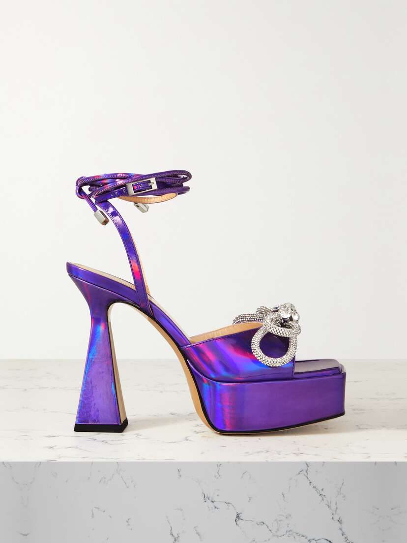 Mach & Mach Double Bow Crystal-embellished Iridescent Leather Platform Sandals