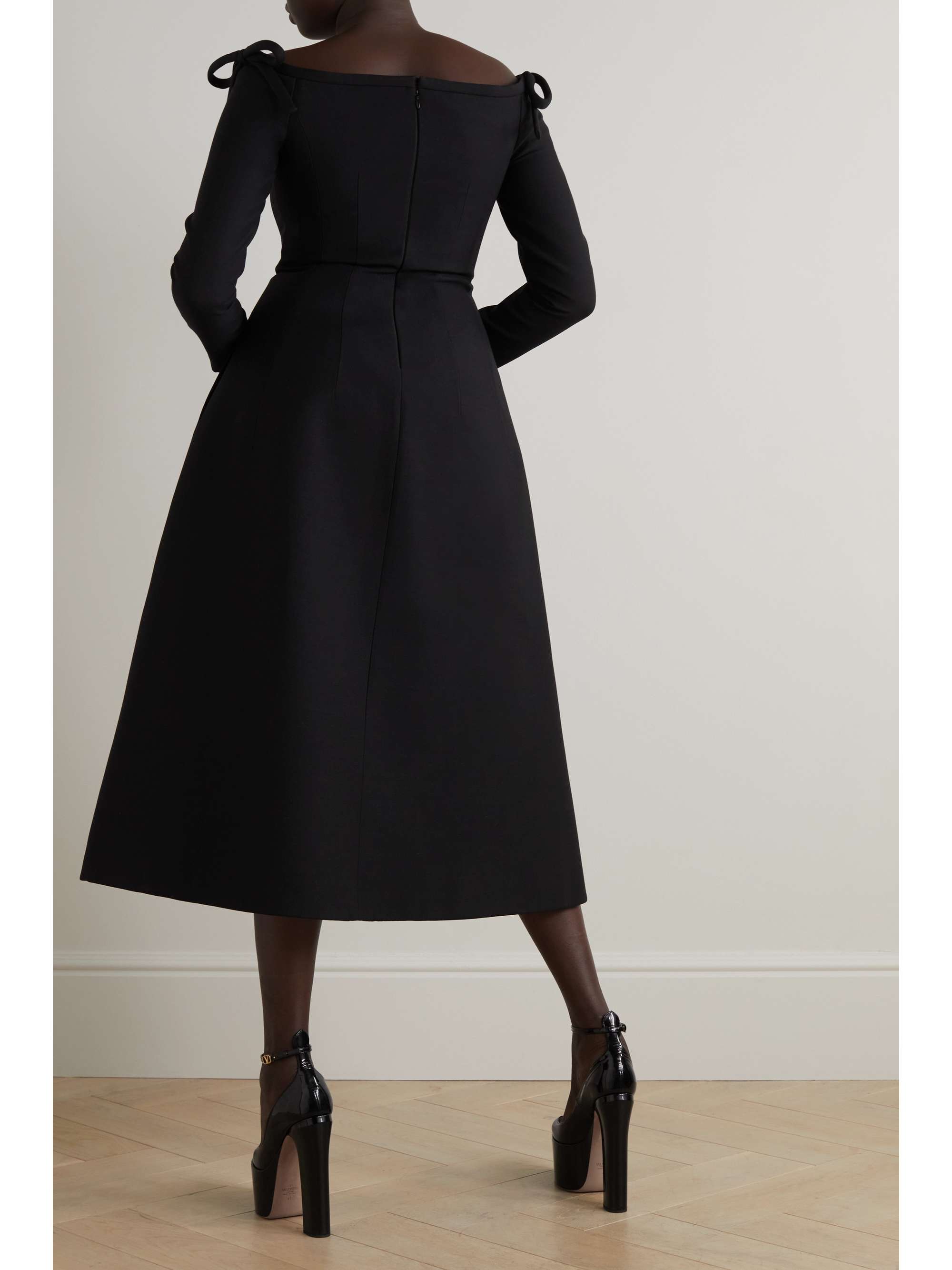 VALENTINO GARAVANI Off-the-shoulder wool and silk-blend crepe midi dress