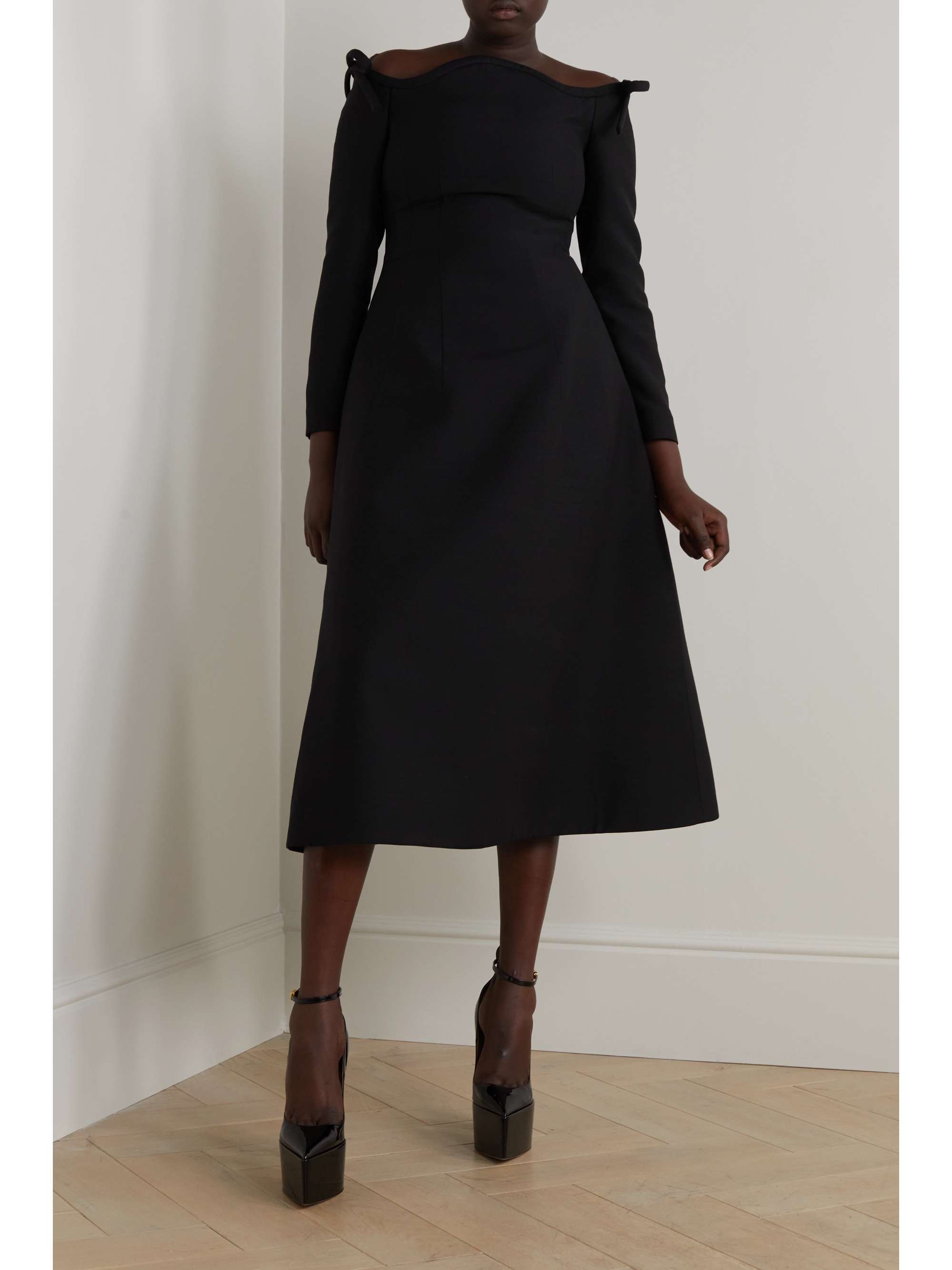 VALENTINO GARAVANI Off-the-shoulder wool and silk-blend crepe midi dress
