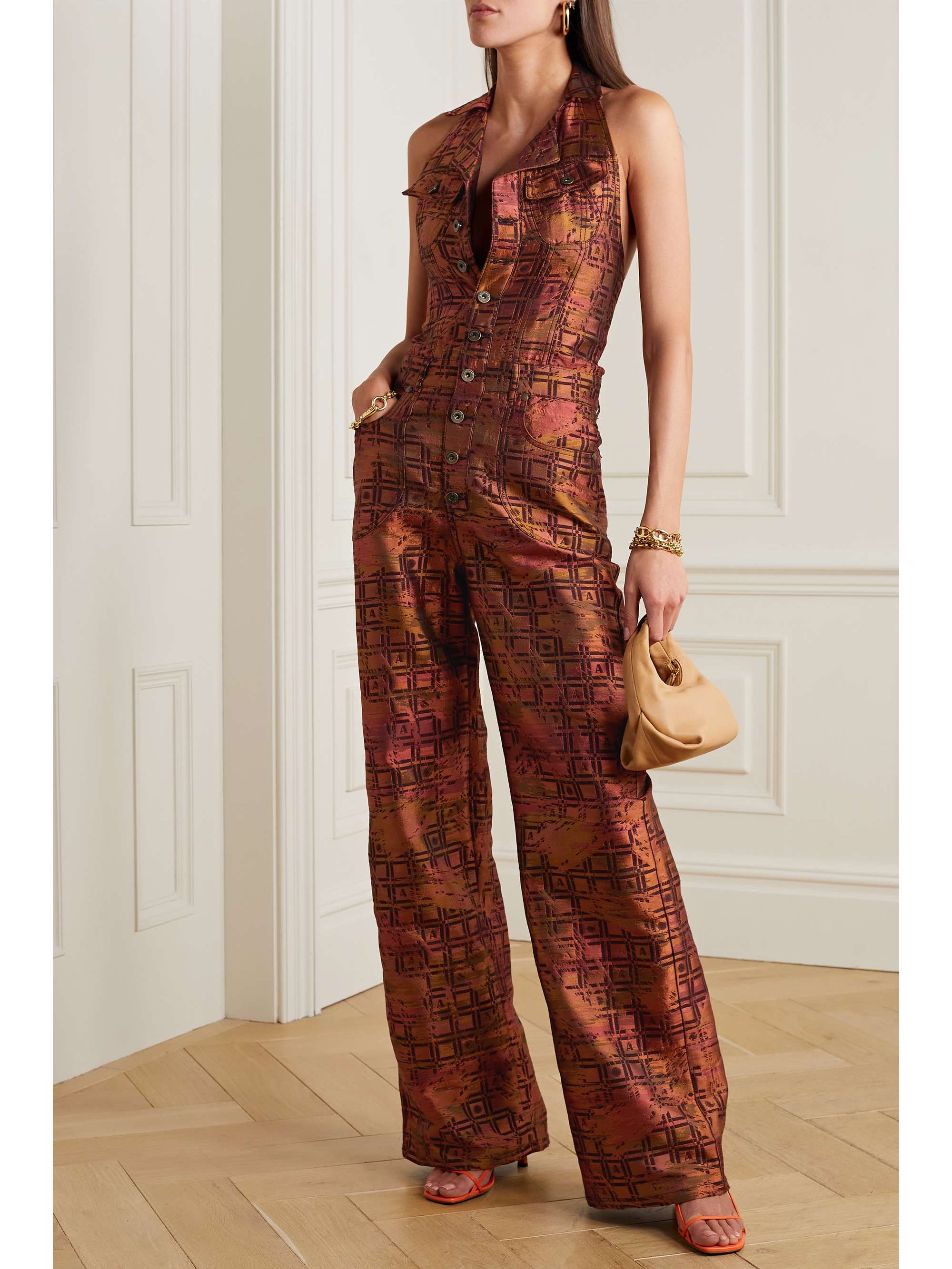 AHLUWALIA Silk and wool-blend jacquard halterneck jumpsuit