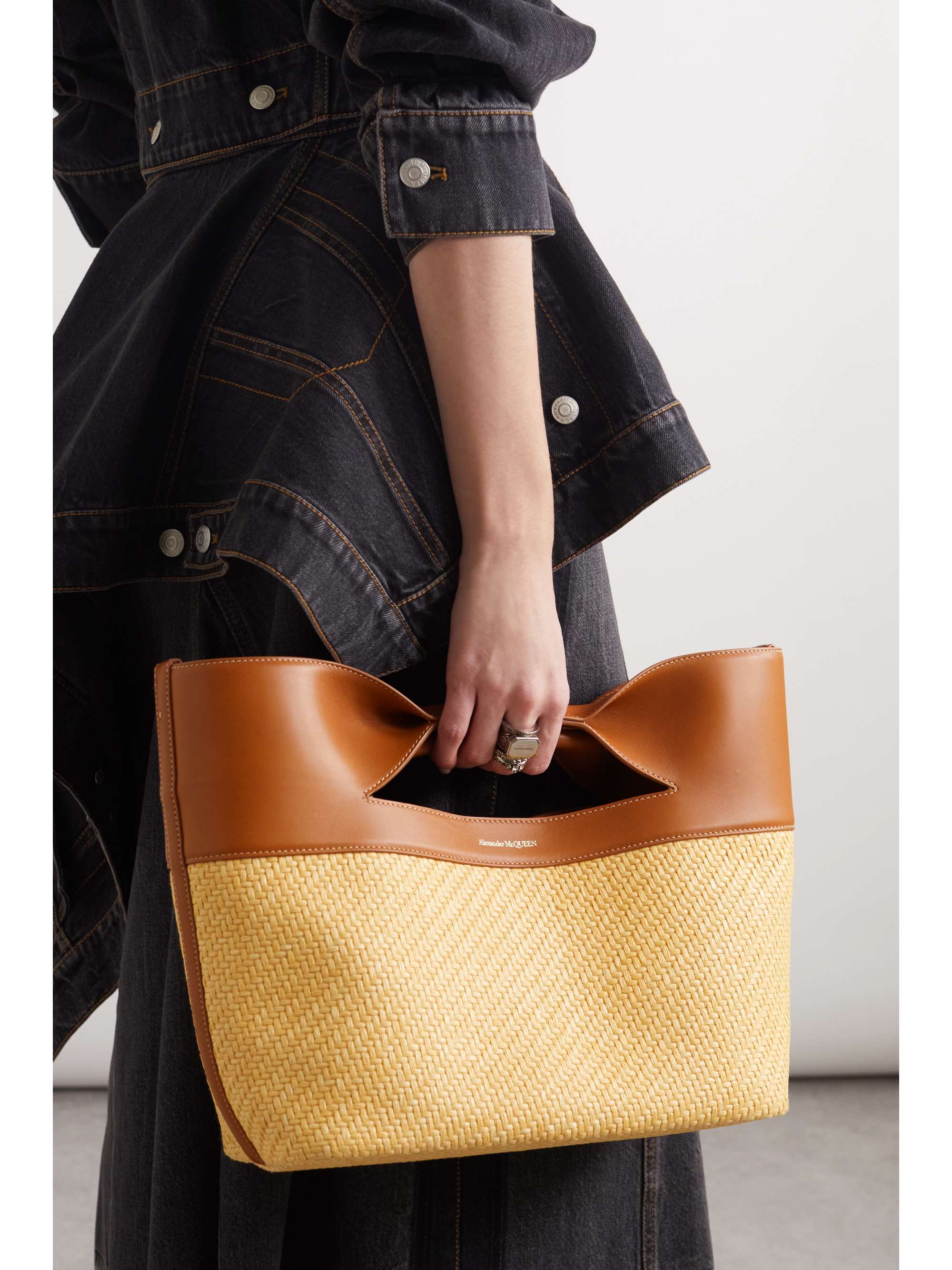 ALEXANDER MCQUEEN The Bow leather trimmed raffia tote NET A PORTER