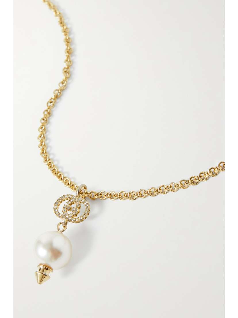 Gucci tone, Faux Pearl And Crystal Necklace