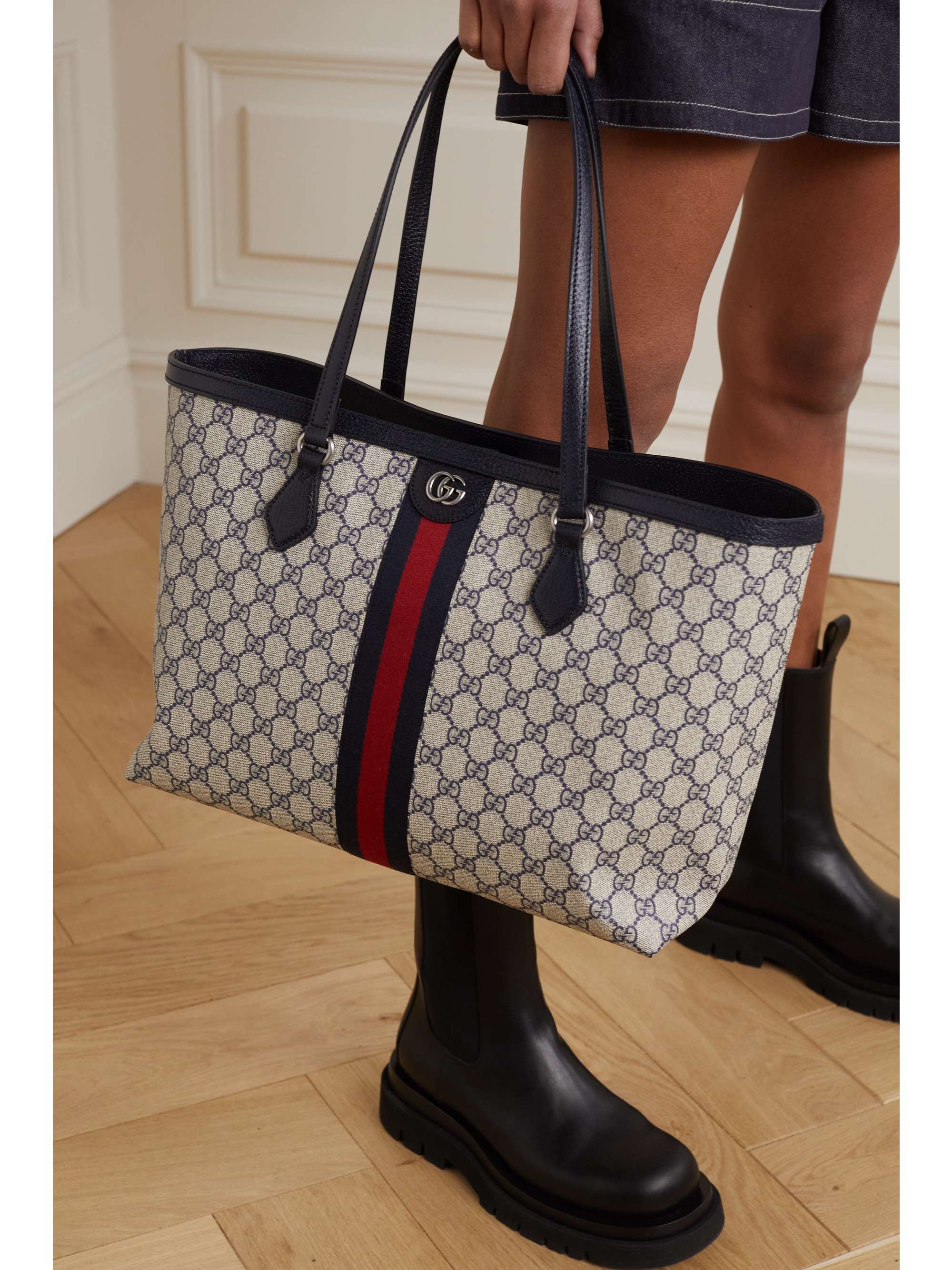 GUCCI Ophidia webbing-trimmed printed coated-canvas and leather tote
