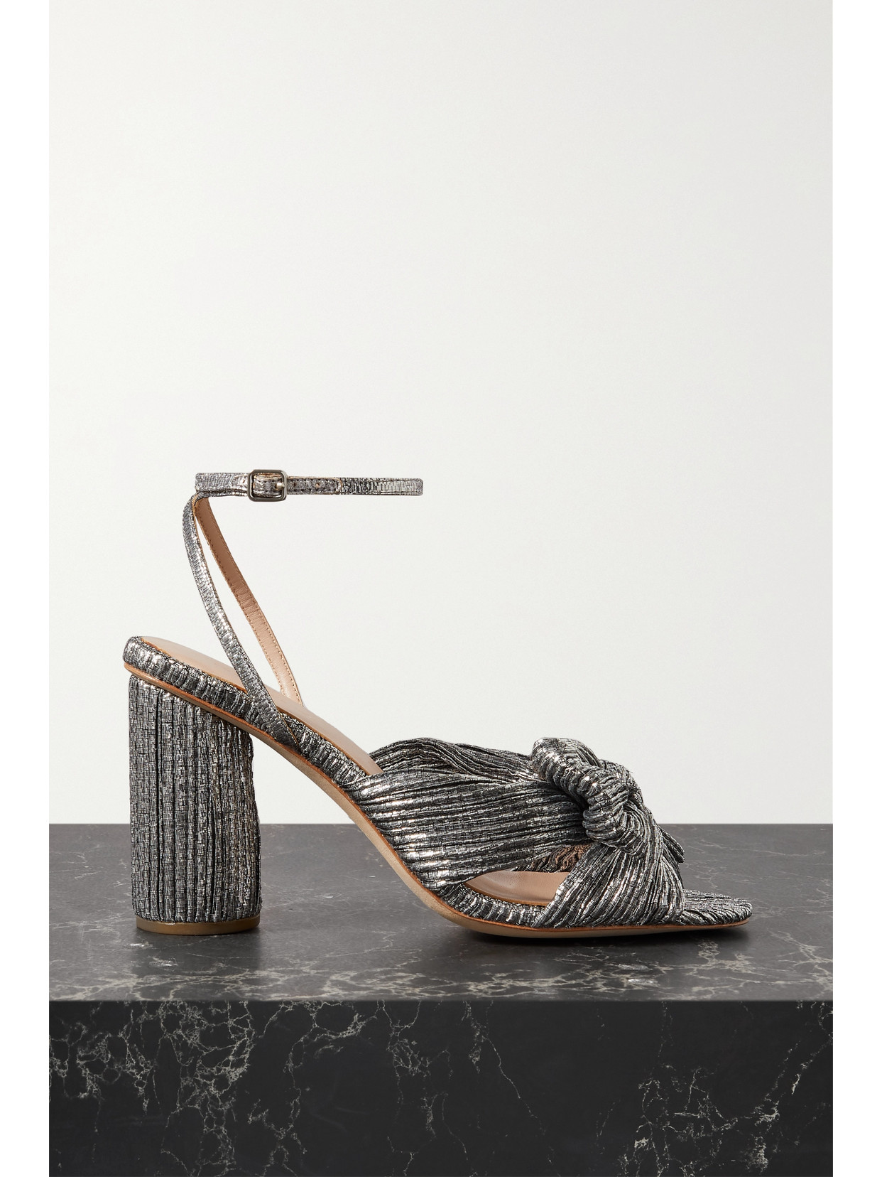 LOEFFLER RANDALL CAMELLIA BOW-EMBELLISHED SILK-BLEND LAMÉ SANDALS