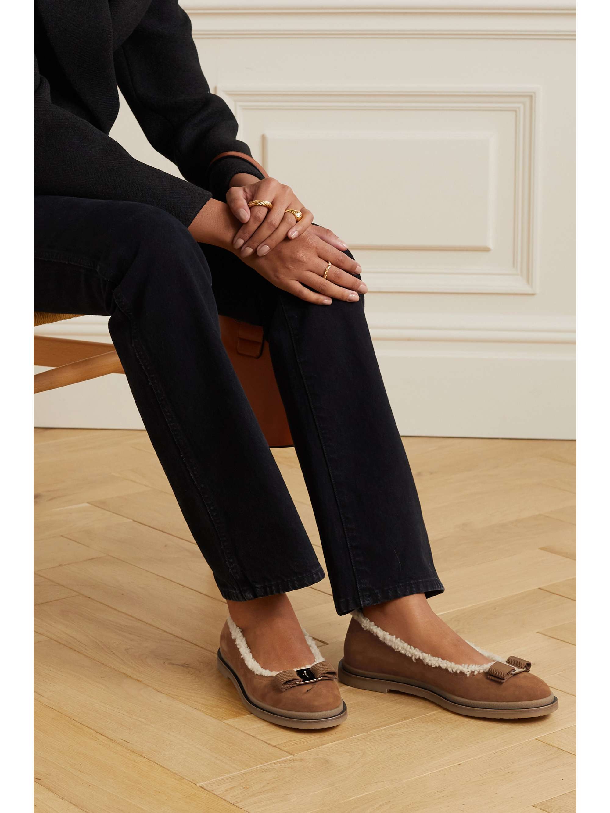 FERRAGAMO Varina shearling-lined bow-embellished suede ballet flats |  NET-A-PORTER