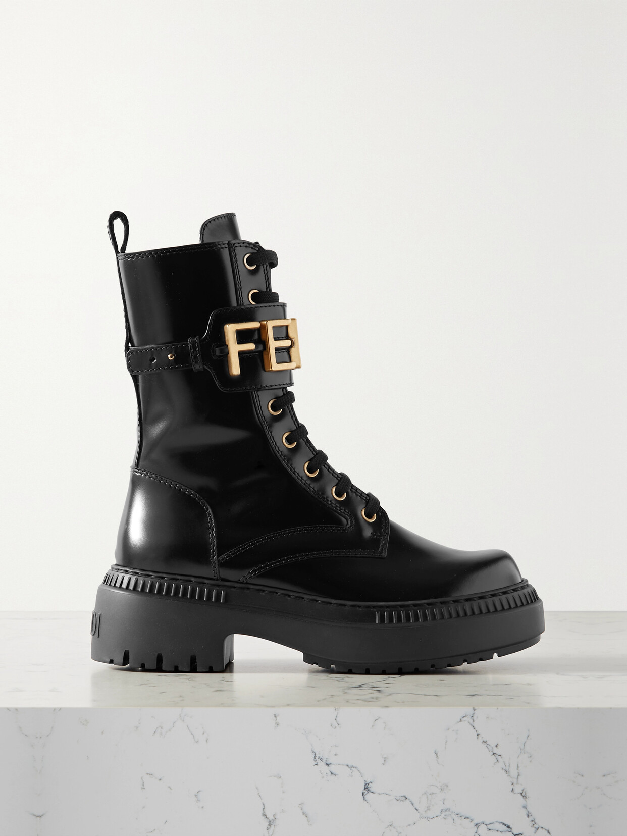 FENDI LOGO-EMBELLISHED GLOSSED-LEATHER COMBATS BOOTS