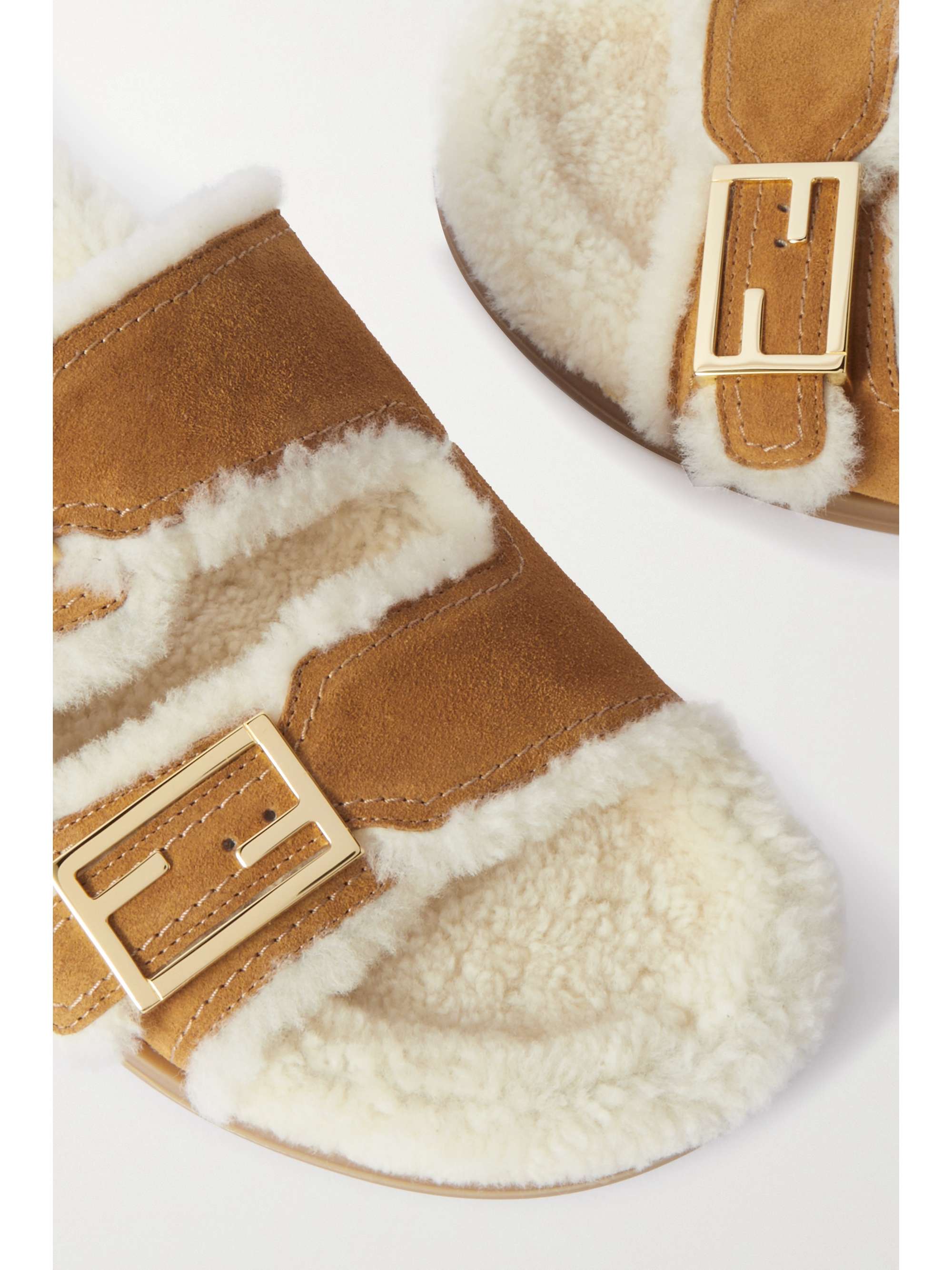 FENDI Feel logo-embellished suede and shearling slides
