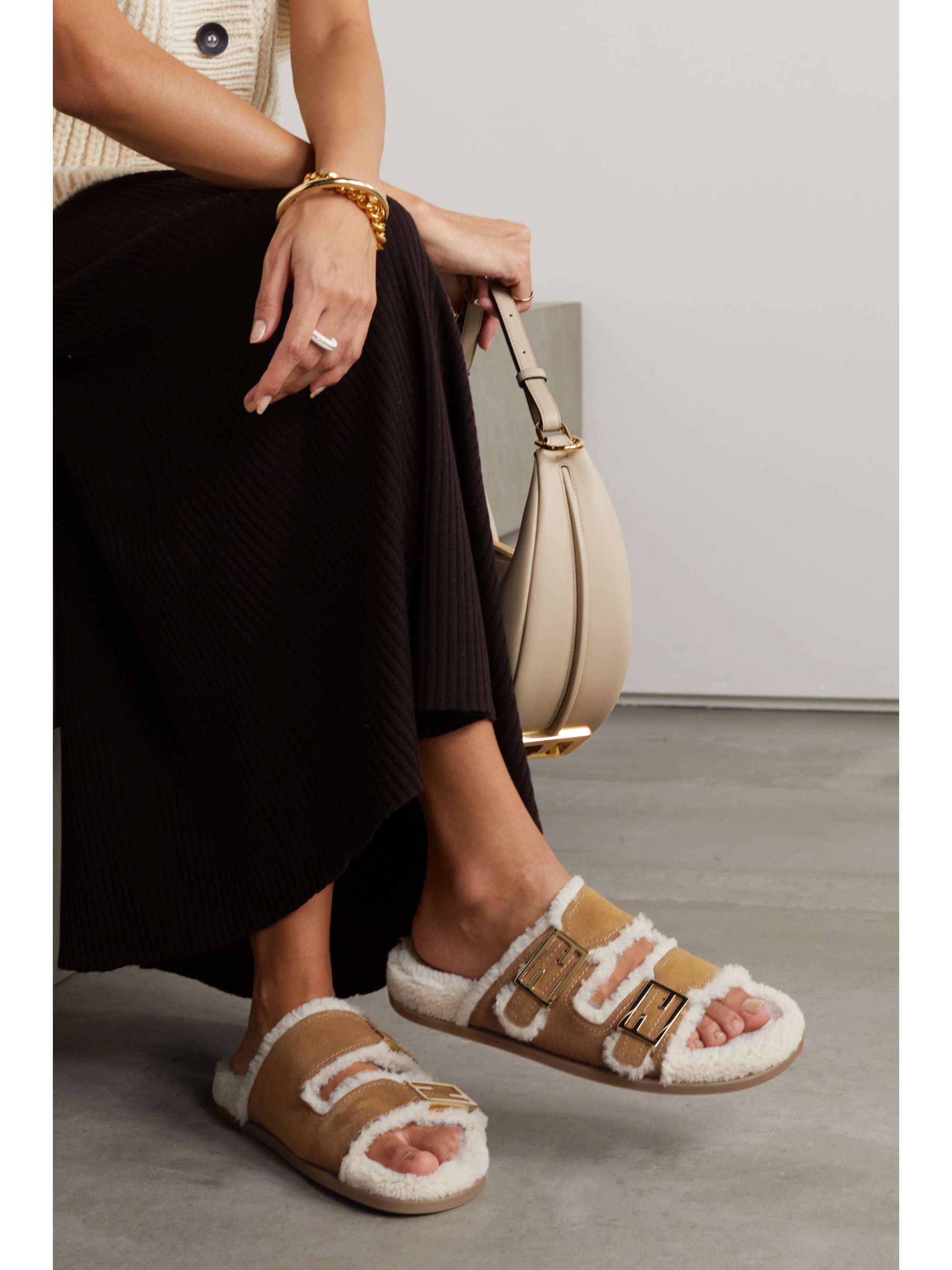 FENDI Feel logo-embellished suede and shearling slides