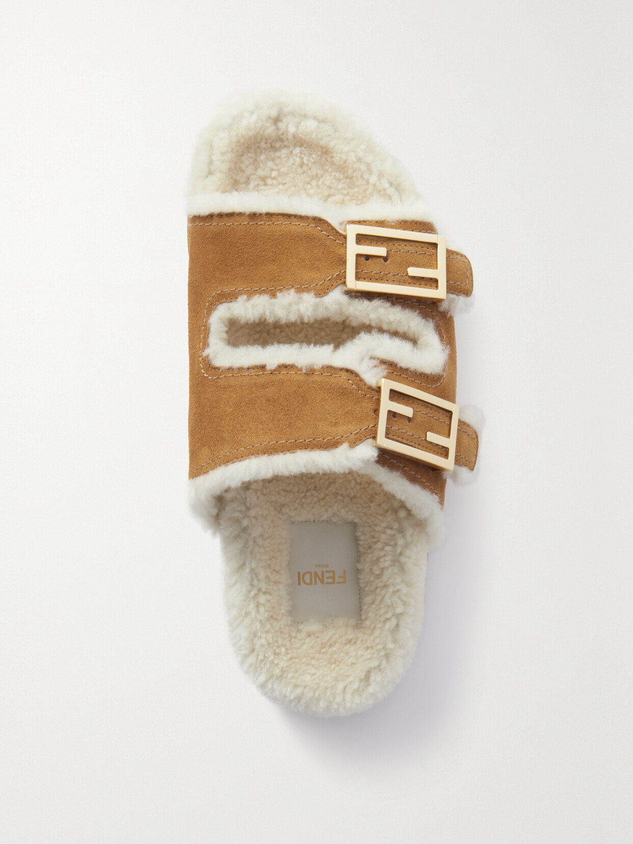 FENDI FEEL LOGO-EMBELLISHED SUEDE AND SHEARLING SLIDES