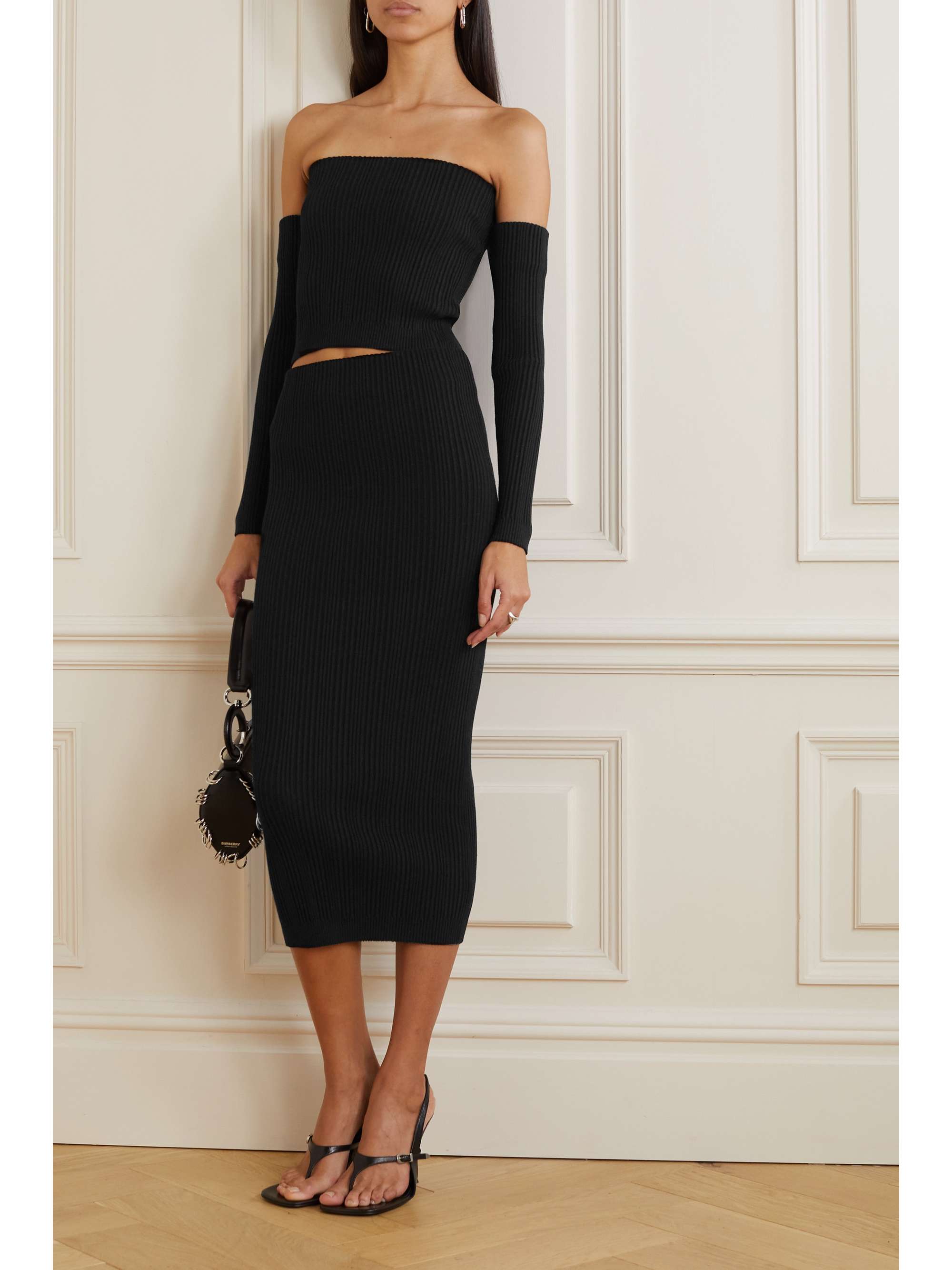 IOANNES Cropped off-the-shoulder ribbed-knit top