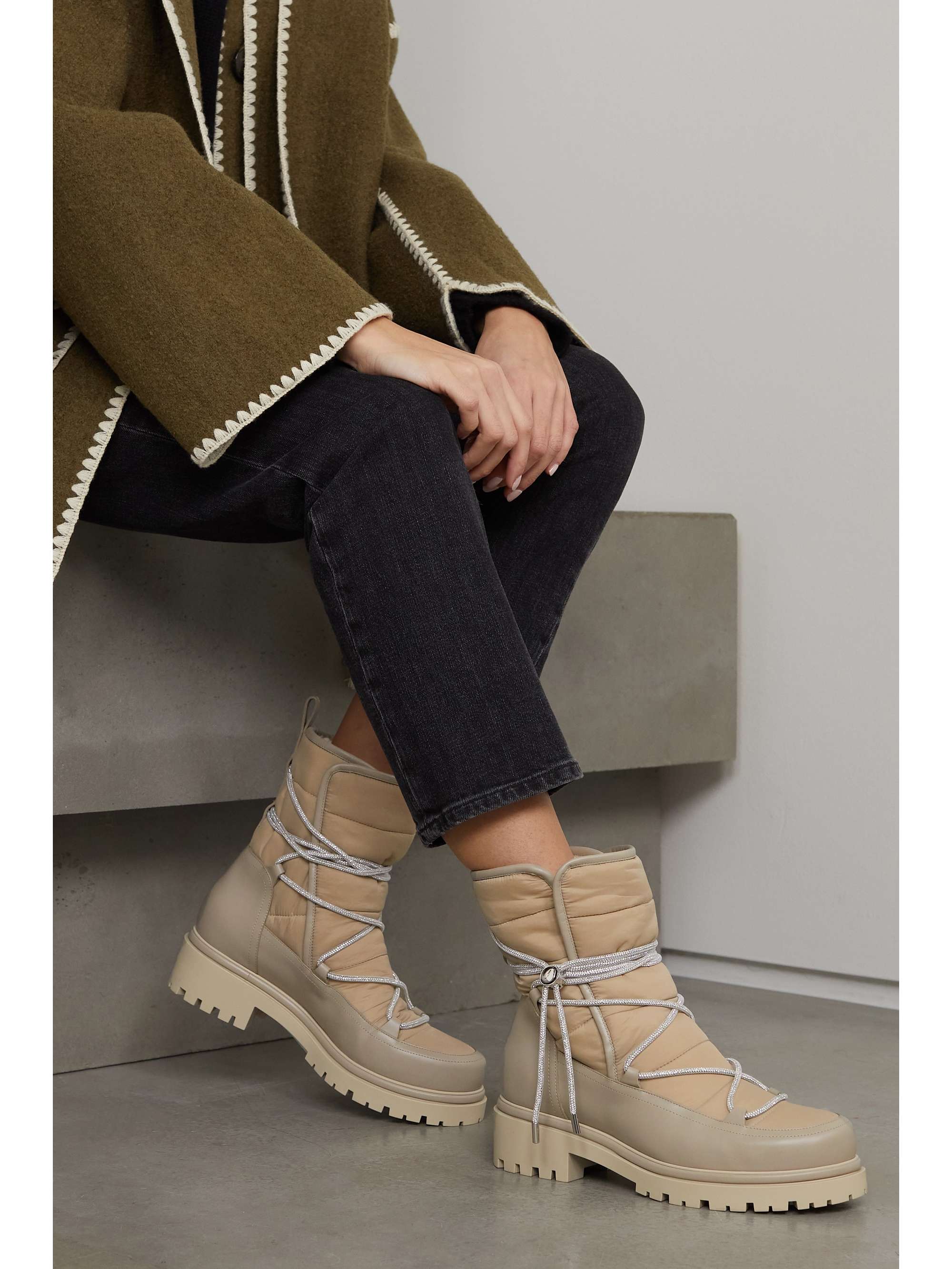 RENÉ CAOVILLA Embellished shell and leather ankle boots