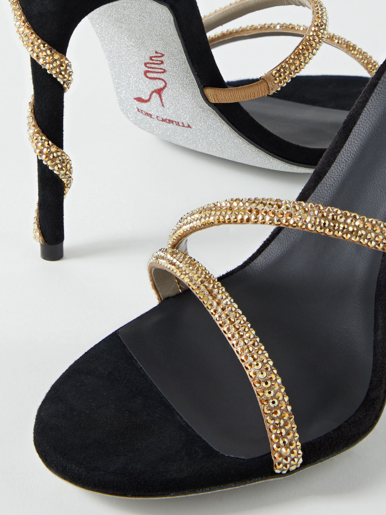 René Caovilla Crystal-embellished Stiletto Sandals With Spiraled Strap In Gold