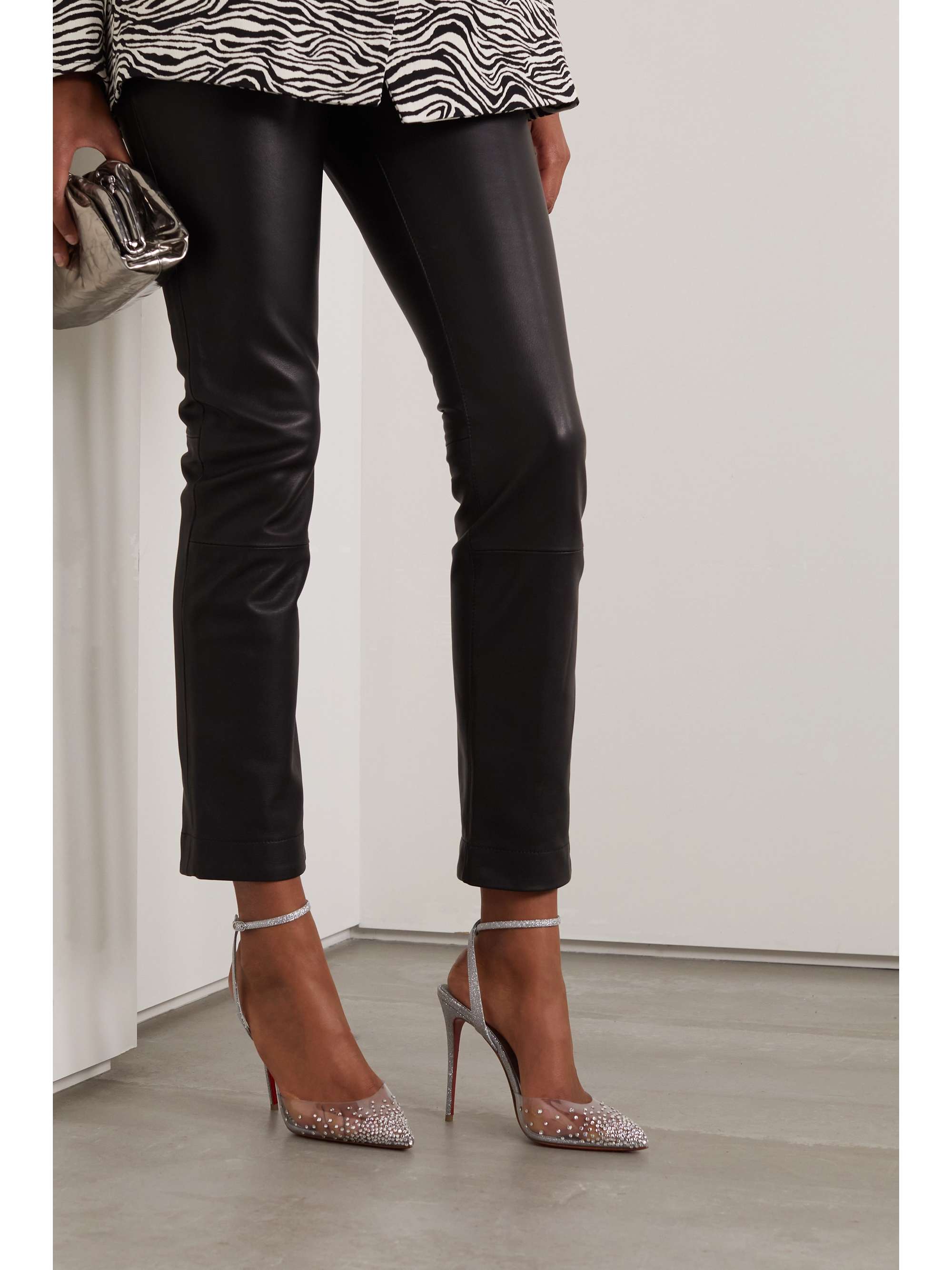 CHRISTIAN LOUBOUTIN Spikaqueen 100 crystal-embellished PVC and glittered-leather pumps