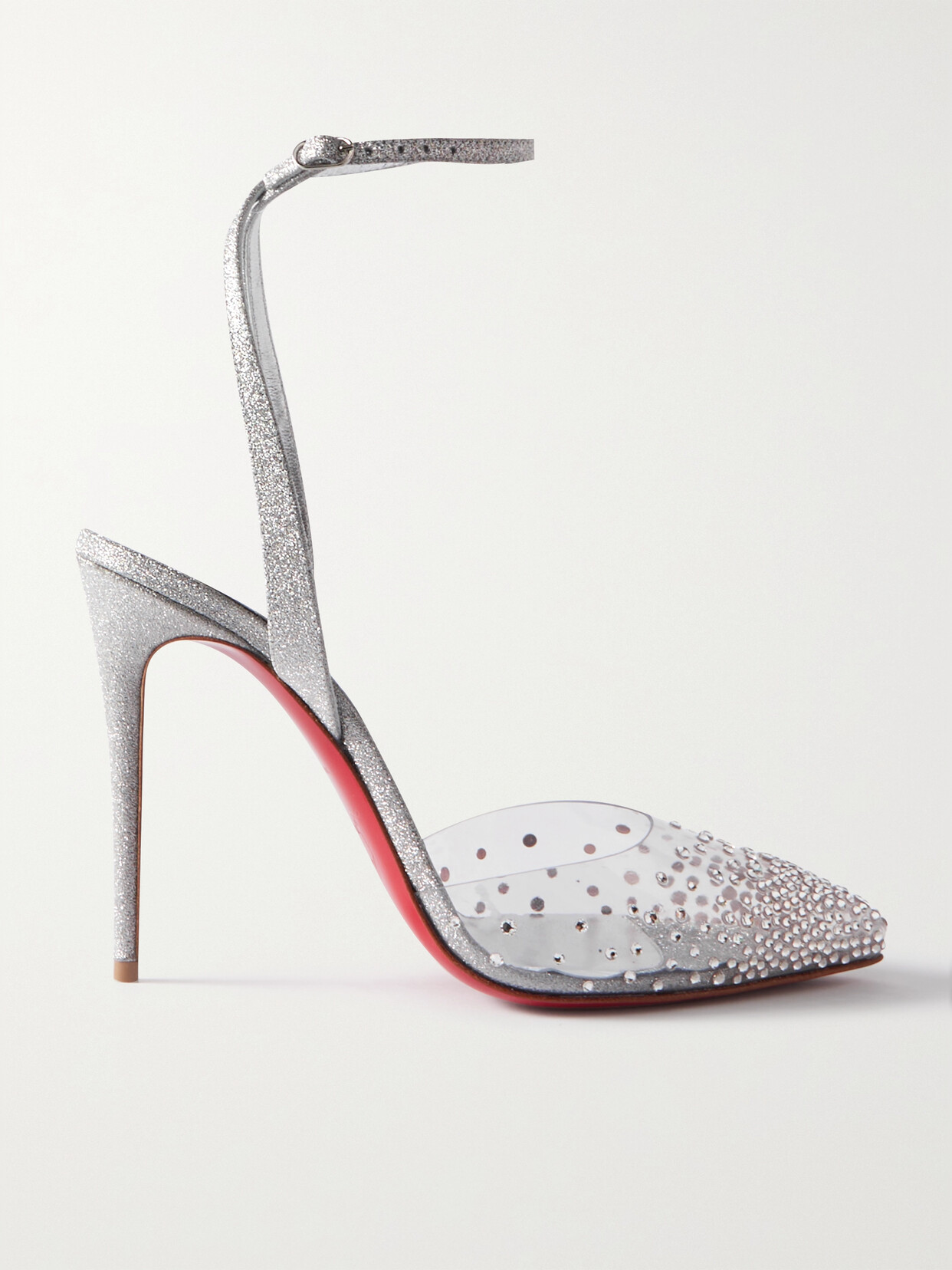 Shop Christian Louboutin Spikaqueen 100 Crystal-embellished Pvc And Glittered-leather Pumps In Silver