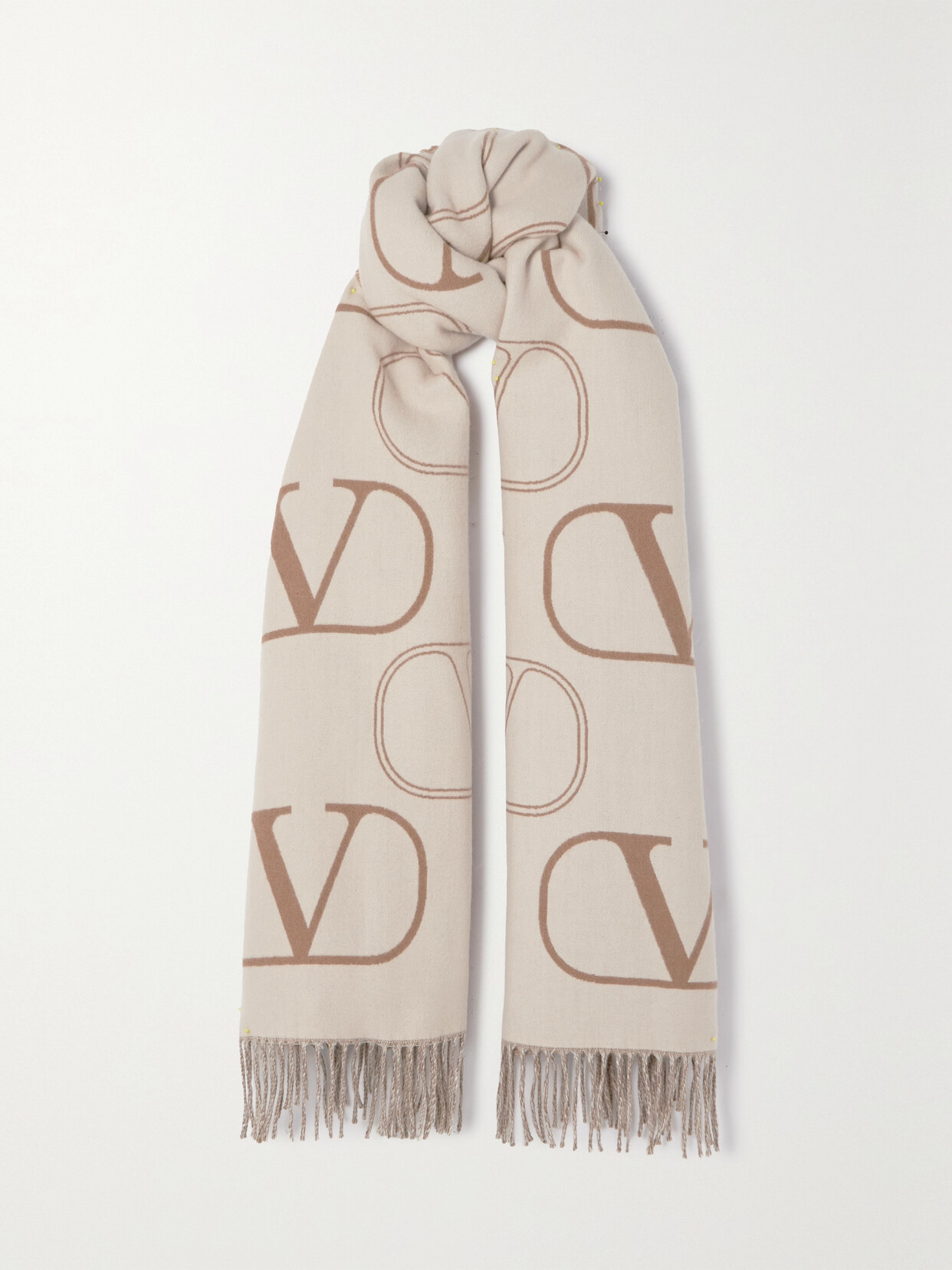 Valentino Logo-embroidered Fringed Scarf In Brown