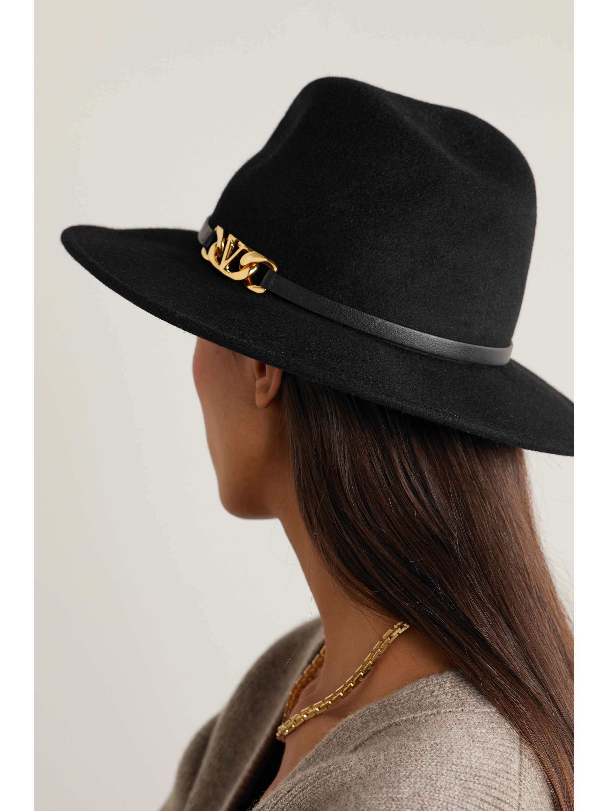 VALENTINO GARAVANI Valentino Garavani VLOGO embellished leather-trimmed felt fedora