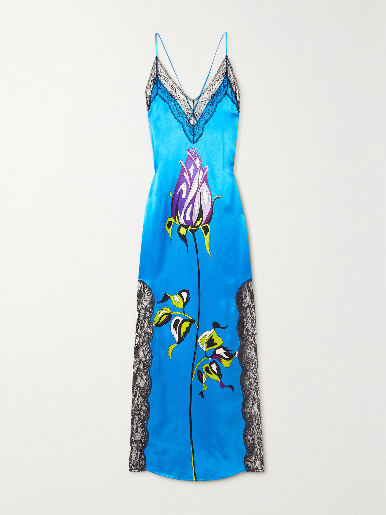 Pucci Open-back Lace-trimmed Floral-print Satin Midi Dress In Blue