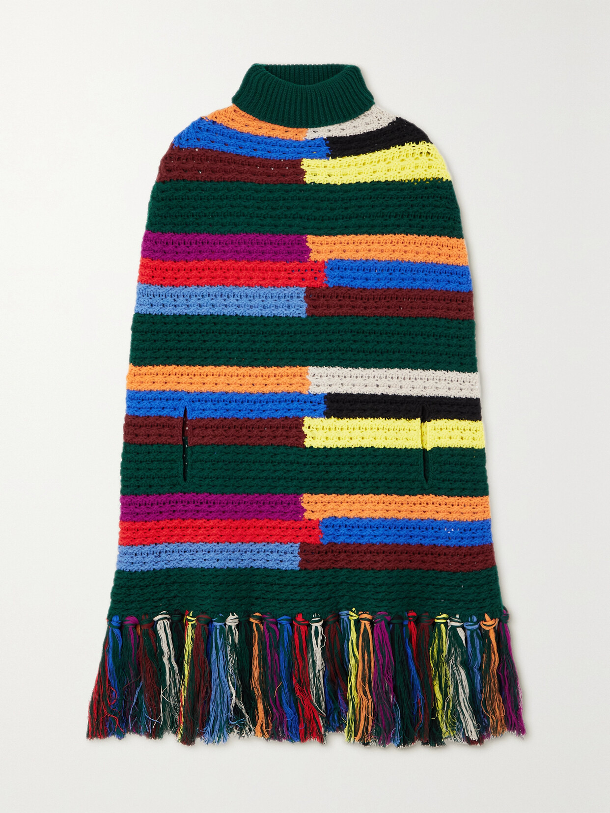 PUCCI - Fringed Striped Wool Turtleneck Poncho - Blue