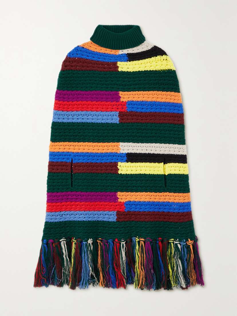 PUCCI Fringed Striped Wool Turtleneck Poncho