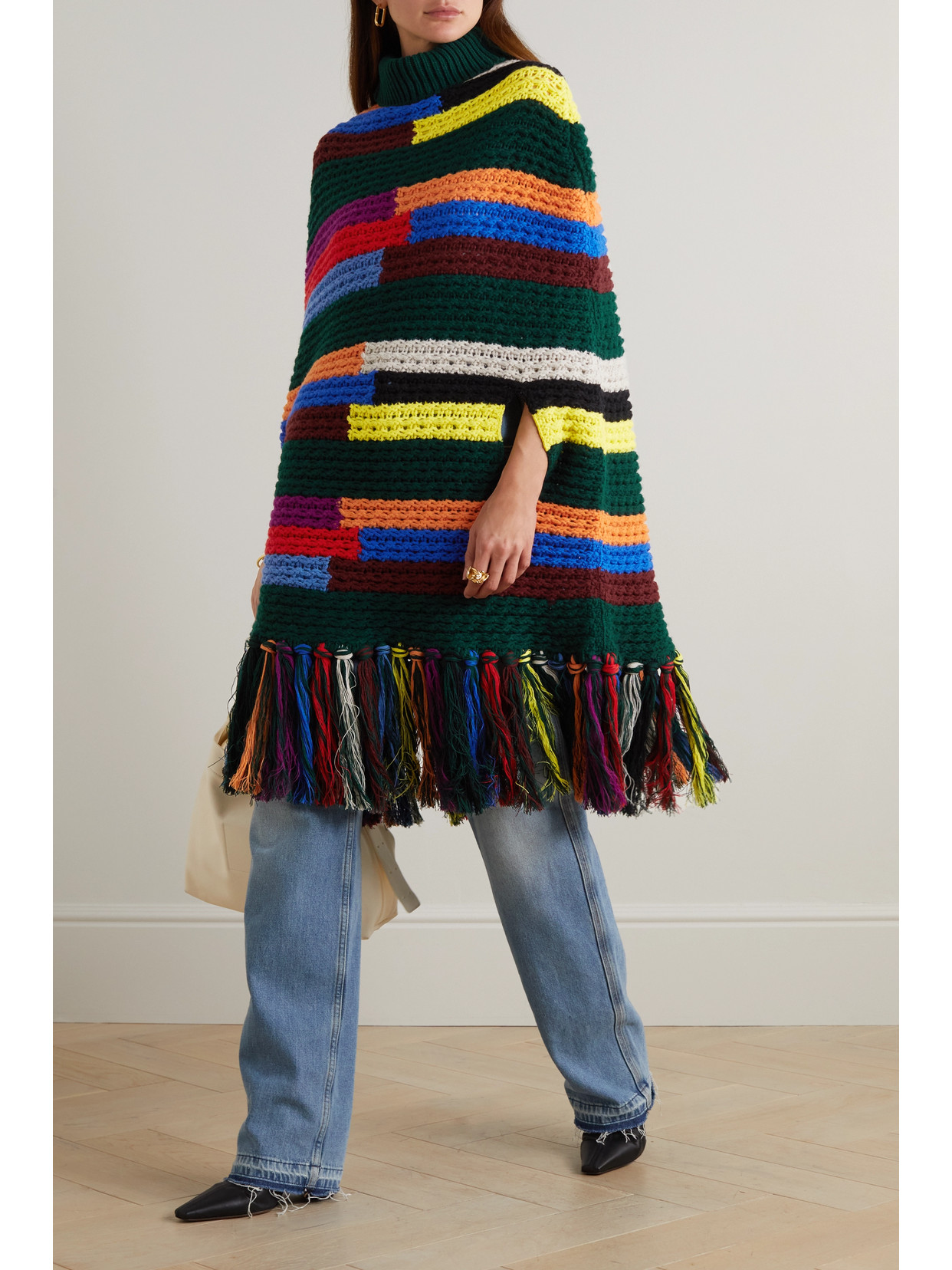 Shop Pucci Fringed Striped Wool Turtleneck Poncho In Blue