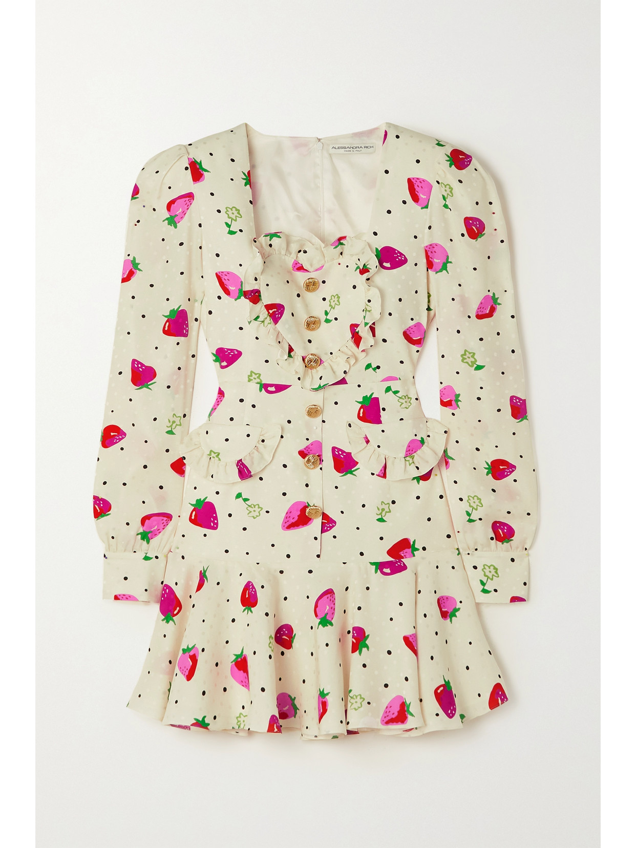 Button-embellished Ruffled Printed Silk Mini Dress In White